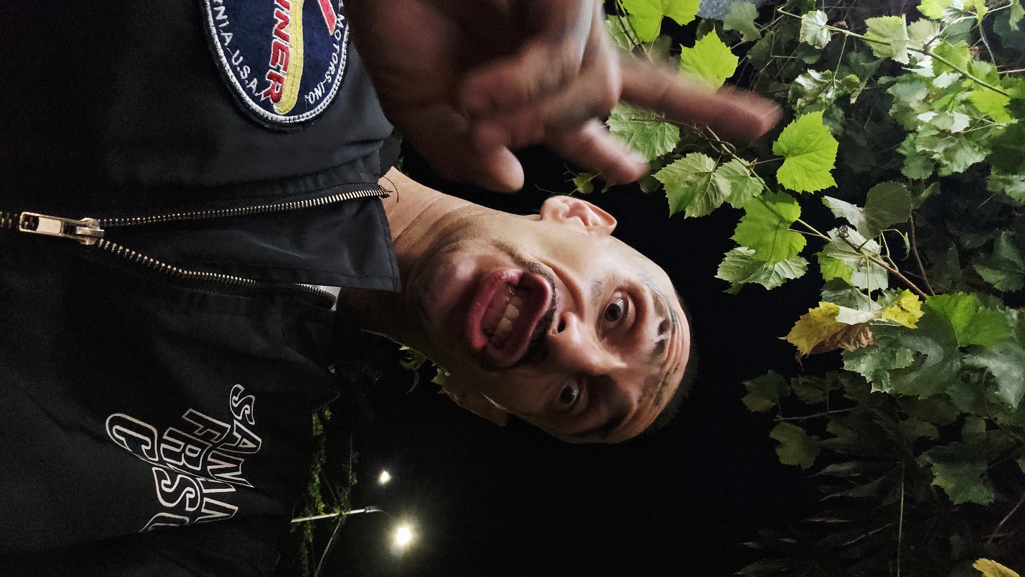 A close-up, low-angle shot captures a person's head and upper torso, rotated ninety degrees clockwise. The person, appearing bald or with very short hair, makes an exaggerated and humorous facial expression with a wide-open mouth, revealing teeth, and wide, intense eyes. Dark smudges, possibly dirt or makeup, are visible on their face. One hand is raised in the upper right, making a two-finger gesture.
The individual wears a black jacket featuring a prominent metallic zipper. On the left chest area, an embroidered patch is visible, displaying partial text such as "NNER," "CALIFORNIA U.S.A.," and "MOTORS-INC." Further down on the jacket, stylized white text clearly reads "SAN FRANCISCO."
The background is predominantly dark, indicating a nighttime setting. To the right, a cluster of vibrant green leaves, interspersed with a few yellowing ones, suggests a vine or shrub, illuminated by an unseen light source. Faint, blurred lights are visible in the distant dark background, hinting at ambient street or building lights. The overall mood is playful and expressive. While the clothing references California, U.S.A., the image is located in Bac Nha Trang Ward, Vietnam.