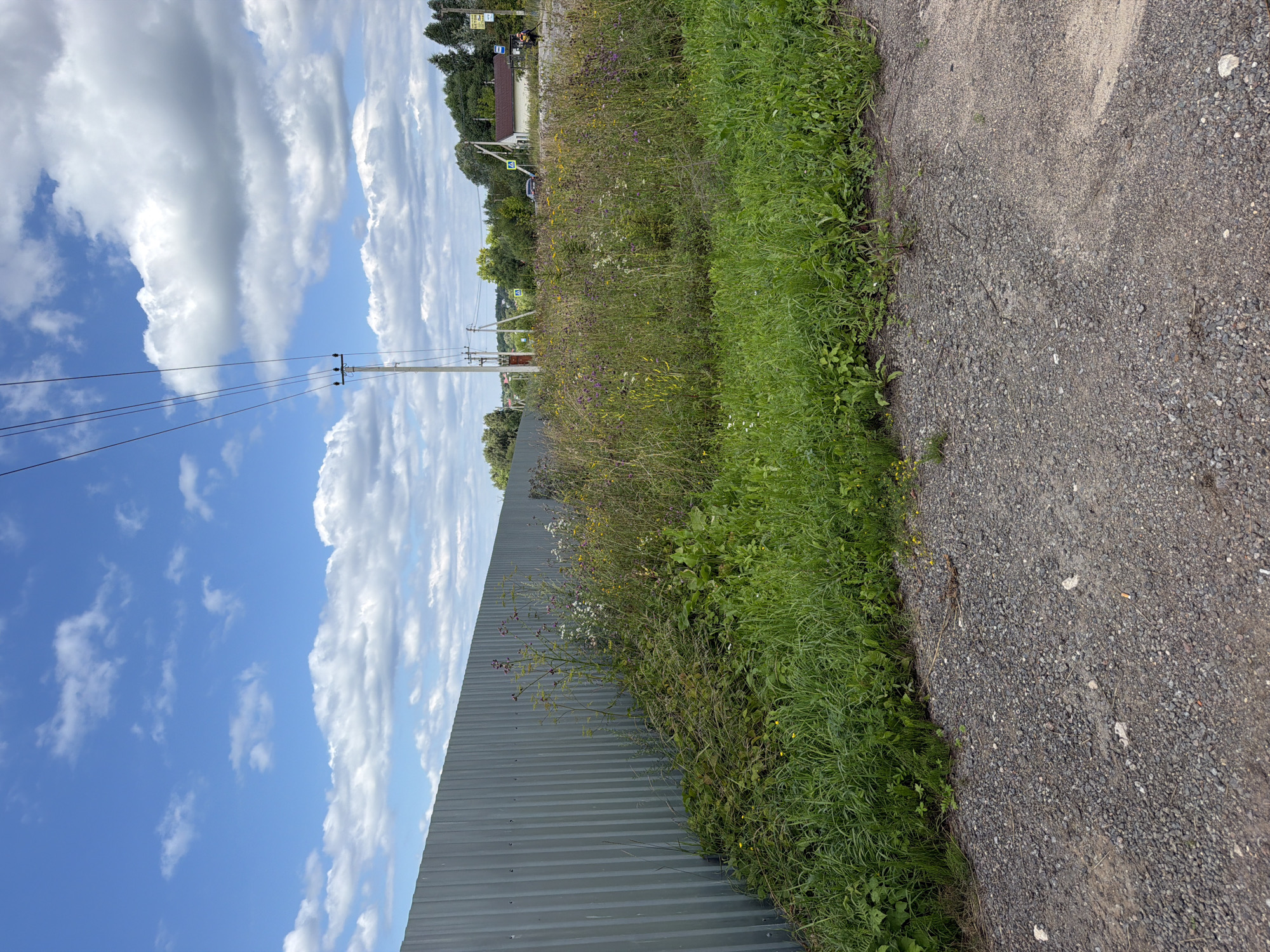 The image depicts an outdoor scene on a partly cloudy day in Stankovo, Russia. A tall, corrugated metal fence runs along the left side of the frame, extending into the distance. Adjacent to the fence is an overgrown area with tall grasses and wildflowers in various shades of yellow, white, and purple. The ground in the foreground is covered with gravel and dirt.
In the mid-ground, a utility pole with power lines is visible. Further in the distance, across a field of wildflowers, a small white house with a dark roof is situated. There are trees lining the horizon, and a few road signs are present. A dark-colored car is parked near the house. A person wearing yellow and black clothing is walking away from the house towards the right side of the frame. Two triangular road signs, possibly indicating a warning or hazard, are placed along the road. The sky is blue with scattered white cumulus clouds.