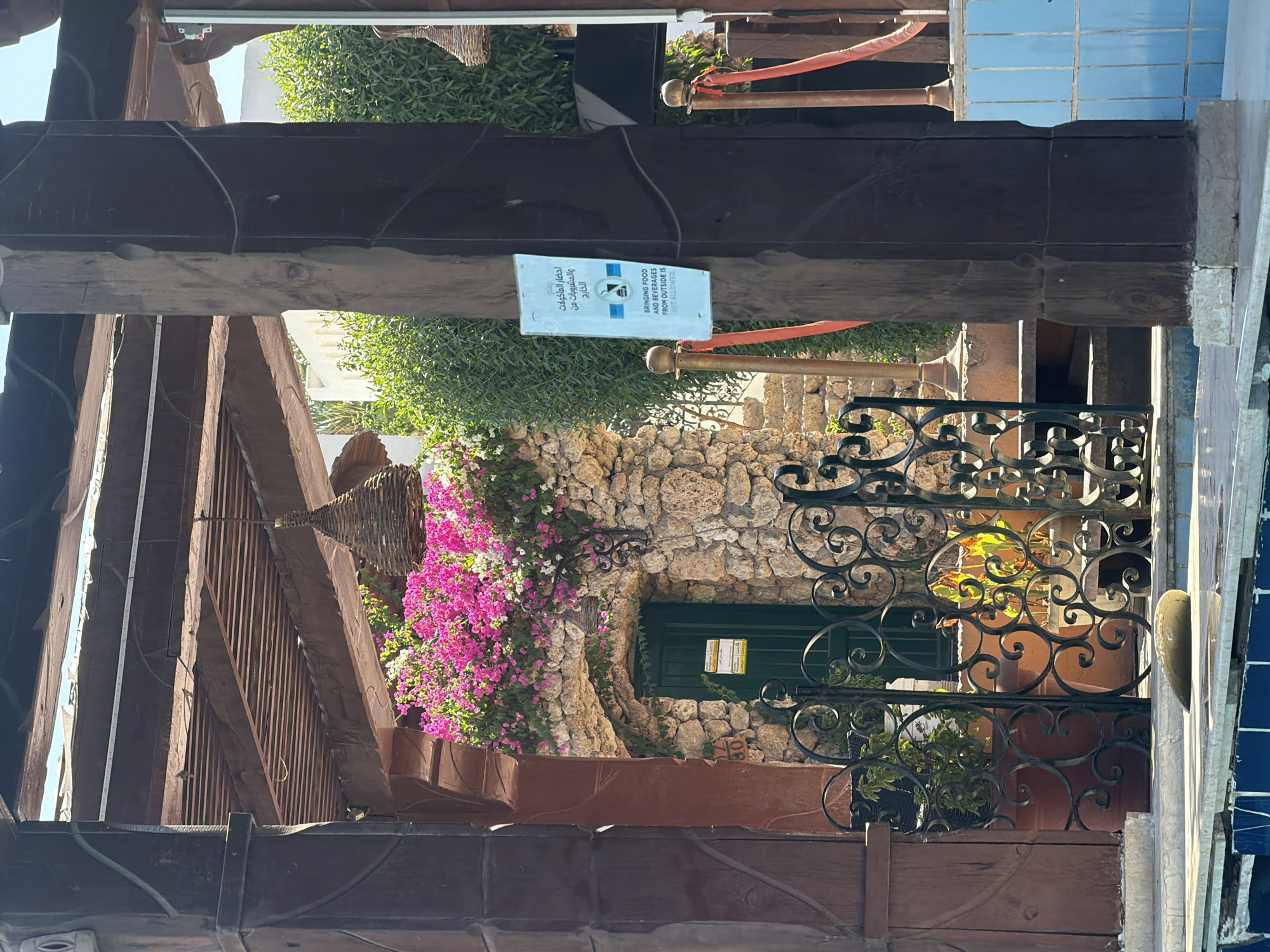 A wide shot shows an outdoor seating area with a rustic wooden pergola, a stone building with a green door, and lush greenery. A sign attached to a wooden pillar reads, "BRINGING FOOD AND BEVERAGES FROM OUTSIDE IS NOT ALLOWED." In the foreground, a section of a swimming pool is visible, with a seal lying on the edge. The scene is set in Sharm El Sheikh, Egypt, possibly at a resort or restaurant. The time of day appears to be daytime, with clear skies and bright sunlight.