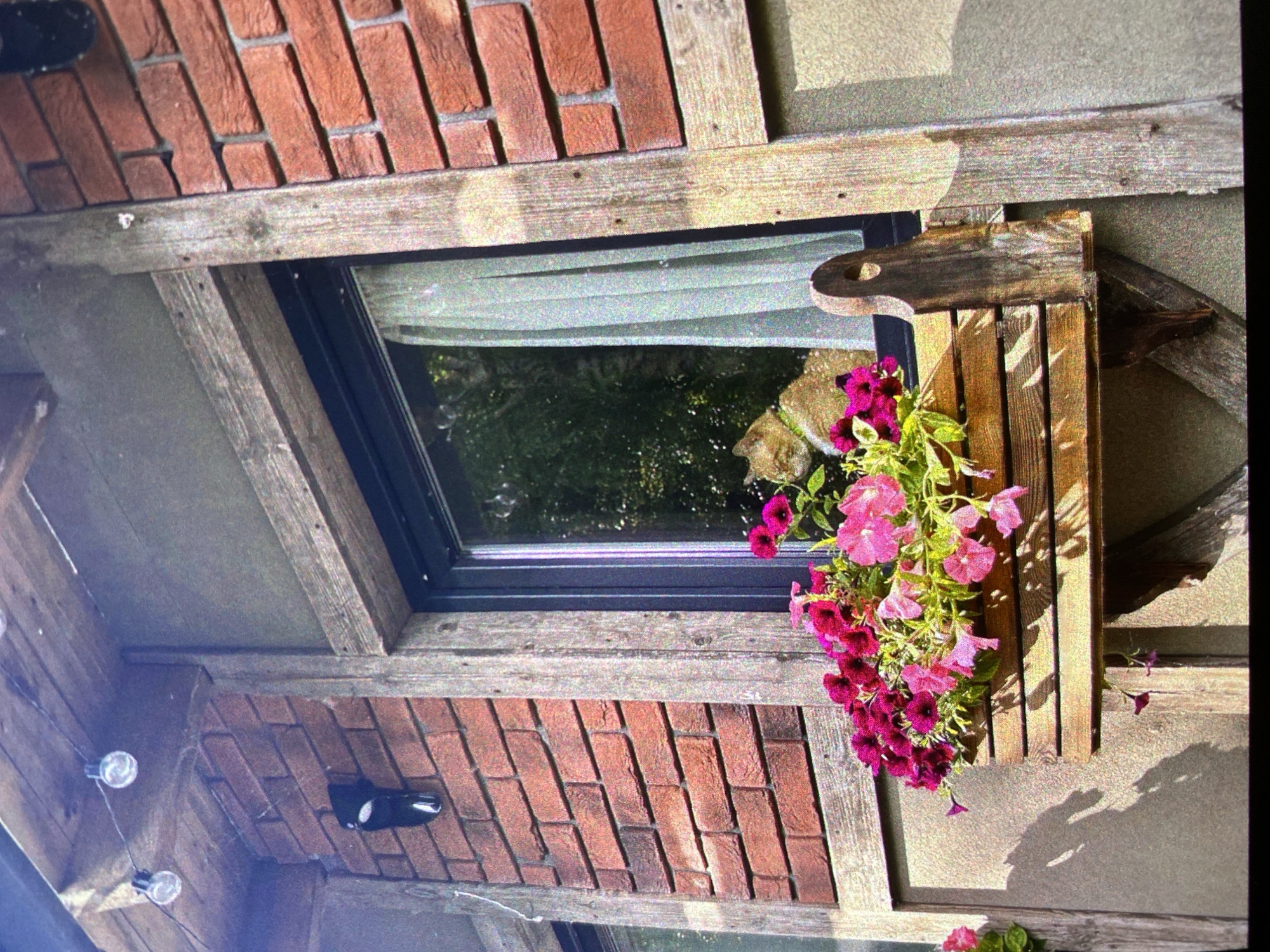 A medium shot shows a window with a planter box, possibly in Saint Petersburg, Russia. The window is rectangular with a dark frame, set within a wooden structure of beams and brickwork. Inside the window, a light-colored curtain or blind is partially drawn, obscuring the view. The scene visible through the window suggests an outdoor environment with greenery.
Attached to the right of the window is a wooden planter box holding pink and purple flowers. The box is constructed of vertical wooden slats.
The overall structure surrounding the window appears to be part of a building's exterior, with exposed brickwork above and below the window. A string of decorative lights can be seen in the lower-left corner. The setting appears to be a garden or courtyard. The lighting suggests a bright day.