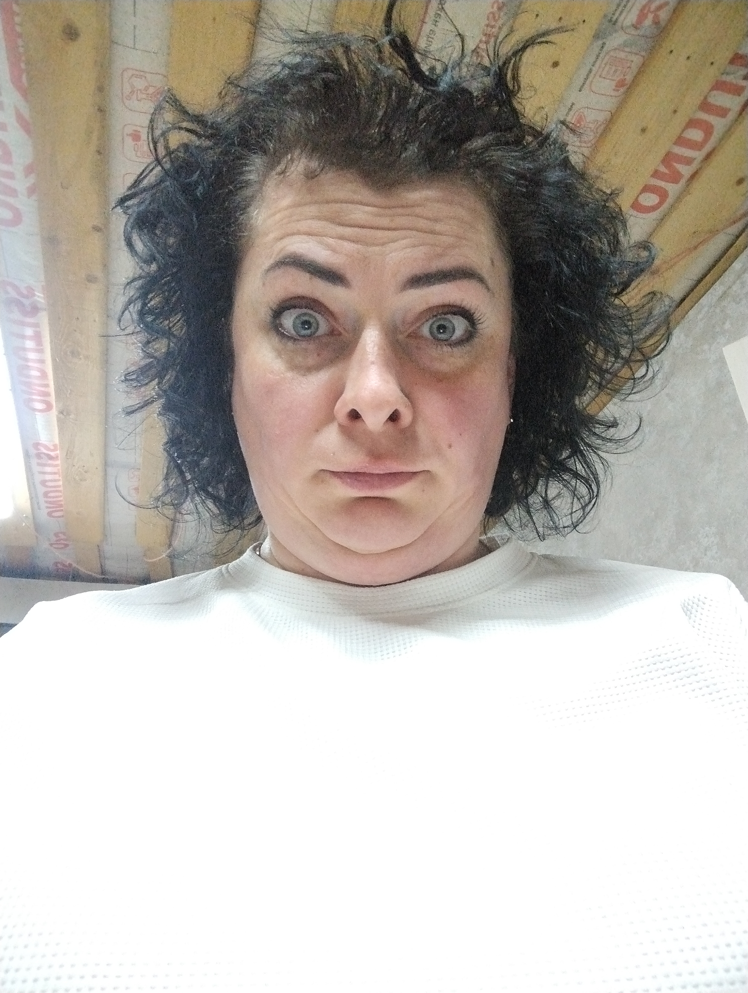 A close-up portrait captures a woman with a surprised or astonished expression, looking directly at the camera. She has dark, curly, somewhat disheveled hair and wide, light-colored eyes. Her eyebrows are raised, creating horizontal wrinkles across her forehead, and her mouth is slightly open. A visible double chin is apparent, likely accentuated by the upward camera angle. The woman is wearing a white, textured long-sleeved shirt.
The background features light-colored wooden beams or planks, which appear to be part of a ceiling or an unfinished interior structure. These beams have red text printed on them. A bright light source, possibly a window, is visible on the left side of the frame.
Visible text on the background includes "220-05" and "ONDULISS," which is repeated and appears mirrored in some instances, suggesting the image was taken with a front-facing camera. "ONDULISS" is a brand typically associated with roofing or construction materials. A small, indistinct symbol is also present on one of the beams. The setting, located in Grishanki, Russia, appears to be an indoor space, possibly an attic or a room undergoing construction, given the visible materials. The overall lighting is bright, clearly illuminating the woman's face and emphasizing her expression of shock or playful bewilderment.