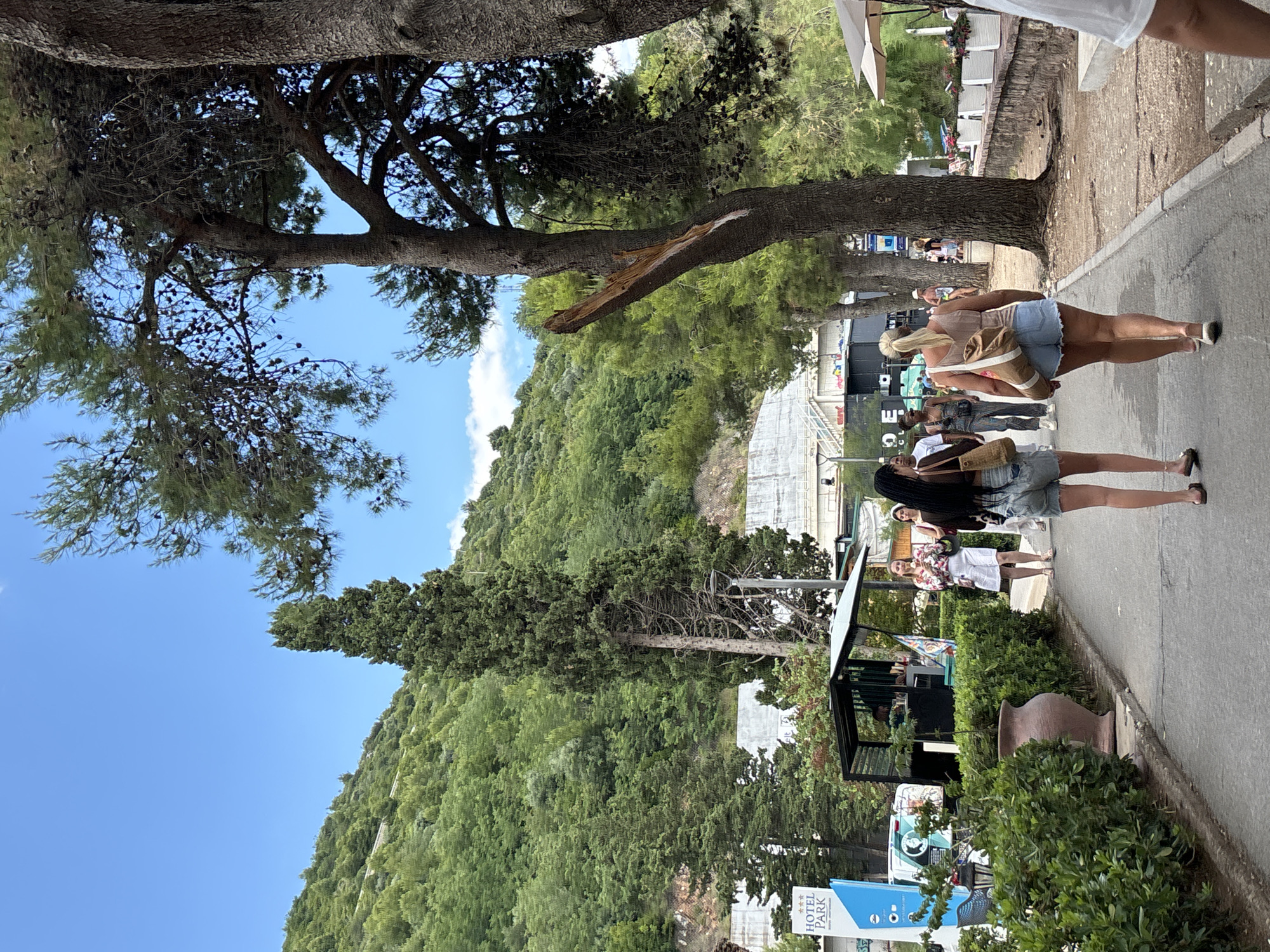 In Budva, Montenegro, an outdoor pathway adjacent to a verdant, tree-lined area is depicted. A hilly, forested mountainside forms the backdrop. The pathway is paved with asphalt. On the left side of the pathway, a vibrant green hedge is visible, with a large, earthen pot situated in front of it. A blue sign with white lettering reading "HOTEL PARK" and three stars is positioned to the left of the hedge. Further left, a food stall with a dark roof and an open-fronted structure is present. Several individuals are walking along the pathway. Two women are walking away from the camera towards the right side of the path. The woman in the foreground on the right is wearing a light-colored tank top and denim shorts, carrying a beige bag over her shoulder. The woman to her left is wearing a black top and denim shorts, also with a beige bag. Behind them, another woman in a white top and white shorts is walking towards them. Further down the path, other pedestrians can be seen. The trees lining the right side of the pathway are tall and mature, with one tree exhibiting a broken, splintered branch. In the distance, the sky is clear blue with a few wispy clouds. White planters filled with colorful flowers are arranged along a low stone wall on the right side of the pathway.