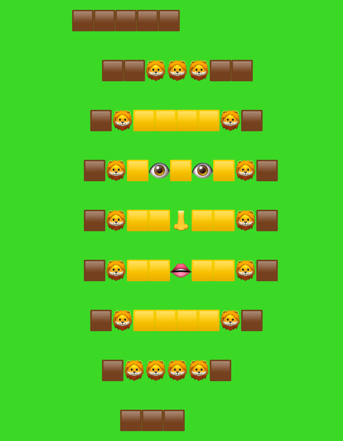 The image is a digitally rendered scene with a green background. It displays a series of horizontal arrangements of emojis, primarily consisting of brown square blocks, lion faces, and two instances of facial features (eyes, a nose, and lips). The arrangements appear to be in rows, one below the other, with varying spacing. There are no indications of a specific location in Męcina, Poland, or any real-world elements.