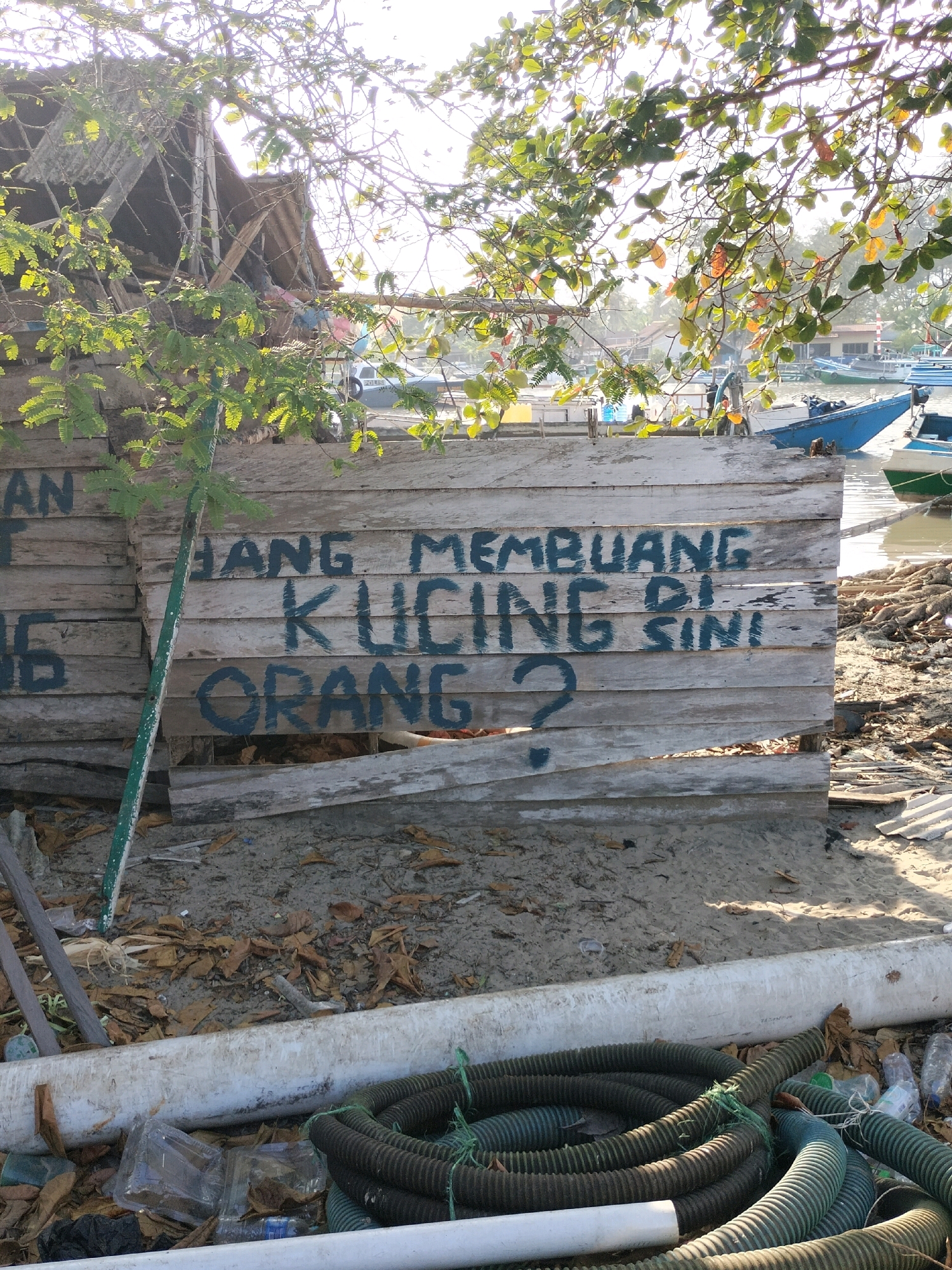 A weathered wooden fence with blue spray-painted text stands on a sandy beach in Bunati, Indonesia. The text reads "HANG MEMBUANG KUCING DI ORANG?" which translates to "HANGING THE CAT TO THE PERSON?". The fence is made of horizontal wooden planks, some of which are damaged and peeling. Behind the fence, a body of water with several boats and a building with a corrugated roof are visible. The ground in front of the fence is covered in sand, dry leaves, and debris, including plastic bottles and coiled hoses. The scene is bathed in sunlight, casting shadows and creating a slightly hazy atmosphere.
