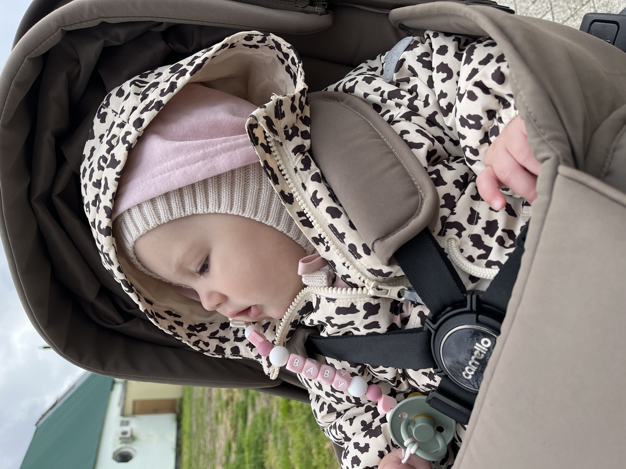 A baby rests in a stroller, wearing a patterned jacket and a pink hat under the jacket's hood. A pacifier is attached to the baby's clothing with a beaded chain spelling "BABY". The stroller is grey and features a "carrello" brand emblem. The background shows blurred greenery and a building, indicating an outdoor setting in what is likely Novopokrovskaya, Russia.
