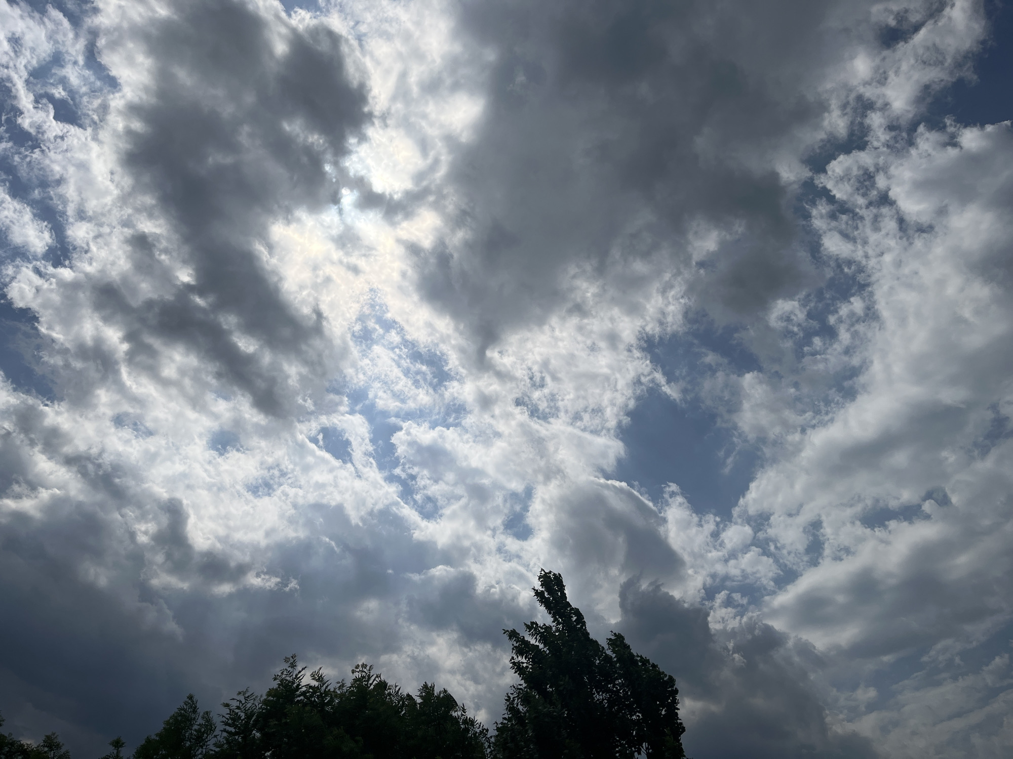 The image depicts a sky filled with dark, dramatic clouds. Sunlight filters through some of the gaps in the cloud cover. Silhouetted trees are visible in the bottom portion of the image. The location is Unknown, Unknown.