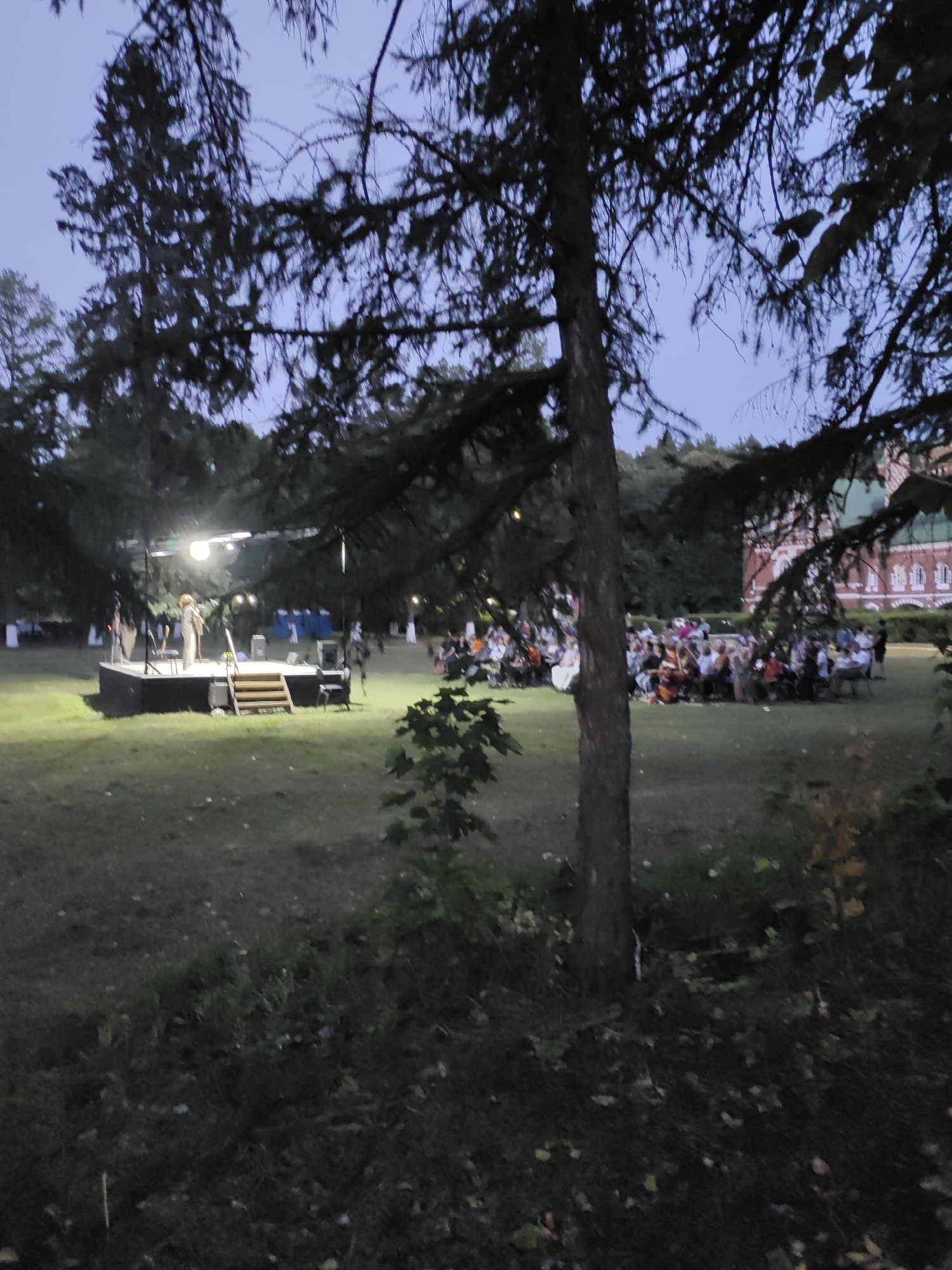 The image depicts an outdoor event taking place in Yurino, Russia. In the foreground, a large tree trunk stands prominently, obscuring part of the scene. To the left, a stage with a raised platform and steps is set up on a grassy area. A lone performer, likely a musician, stands on the stage, illuminated by a bright spotlight. Various audio equipment, including speakers, is visible on and around the stage.
In the mid-ground, an audience is seated on the grass, facing the stage. They appear to be gathered for a performance or event. Behind the audience, a long building with red walls and a green roof, characteristic of historical architecture, is visible. This building's ornate windows suggest it might be a significant landmark or estate. The overall atmosphere suggests an evening gathering, with the sky a dusky blue, indicating dusk or early evening. The presence of trees and the open grassy field point to a park or garden setting.