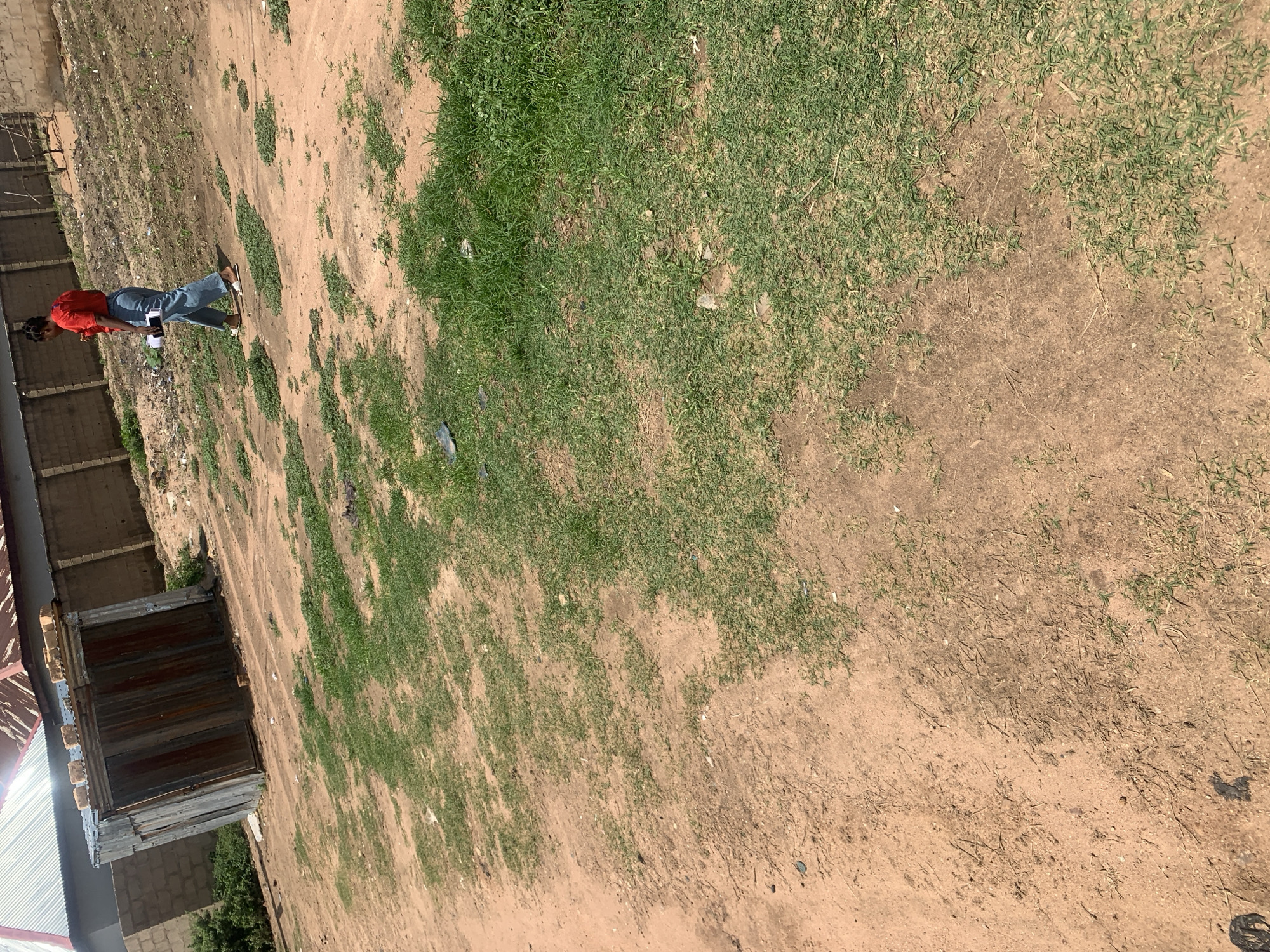 A woman wearing a red shirt and blue jeans walks across a dirt ground with patches of grass. She is holding a white object and a dark phone in her hands. Behind her, a small, weathered structure made of corrugated metal stands next to a brick wall. The environment appears to be an outdoor area in Jauro Yinu, Nigeria, characterized by dry earth, sparse vegetation, and unfinished construction.