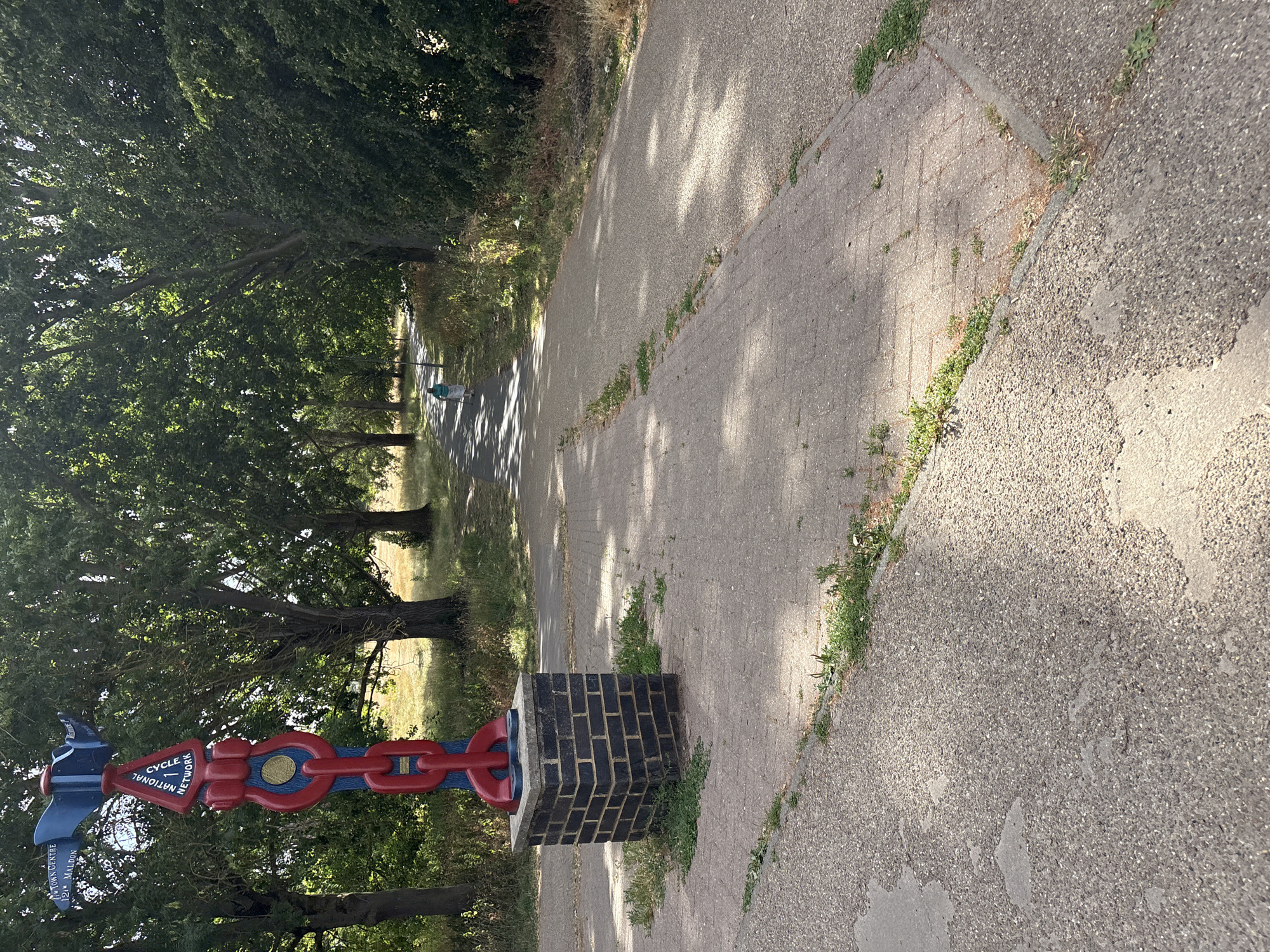An outdoor, eye-level shot captures a National Cycle Network route signpost on a paved path in Chelmsford, United Kingdom. The signpost, adorned with red and blue chain-link motifs, stands on a brick plinth. Its blue directional arms indicate distances to "Town Centre" (1.2 miles) and "Maldon." A single individual, dressed in a teal top and white skirt, walks away from the camera down the path, leaning on a walking stick. The path, bordered by grass and trees, is illuminated by dappled sunlight filtering through the canopy. The overall scene suggests a pleasant, leisurely day for cycling or walking.