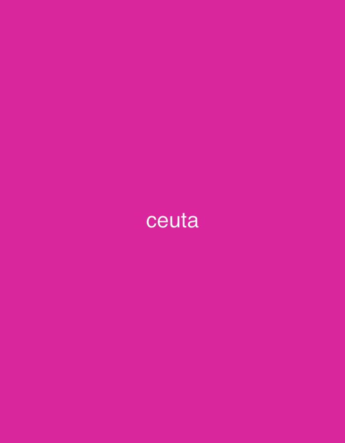 The image displays a uniform, vibrant magenta background. Centrally positioned on this background is the single word "ceuta," rendered in white, lowercase, sans-serif characters. The text is horizontally centered and situated slightly below the vertical midpoint of the frame. There are no other discernible subjects, objects, people, or environmental features in the image, presenting an entirely abstract graphic. This digital image is identified as being located in Casablanca, Morocco.