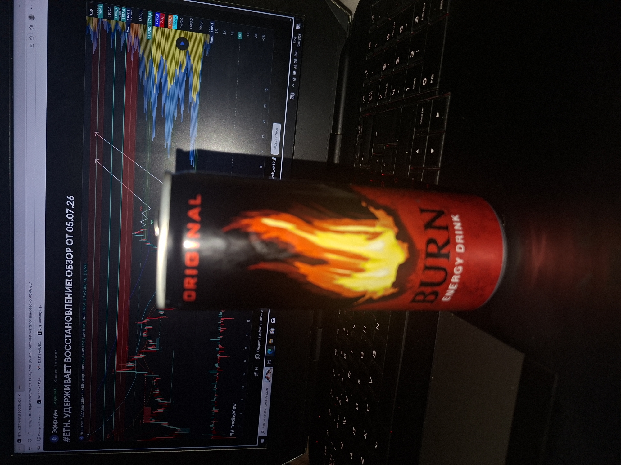 A red and black can of "BURN ENERGY DRINK" is positioned in the foreground, slightly to the right of the center of the frame. Behind the can, a laptop screen displays a cryptocurrency trading chart, likely for Ethereum (ETH) against USD, with timestamps and price data visible. The chart shows fluctuating lines and volume bars in shades of red, blue, and yellow. The laptop itself is dark and sits on a dark surface, obscuring the immediate surroundings. The overall lighting suggests an indoor setting, possibly at night or in a dimly lit room. There are no people or other distinguishing environmental features visible. The scene is static and appears to be a still life.