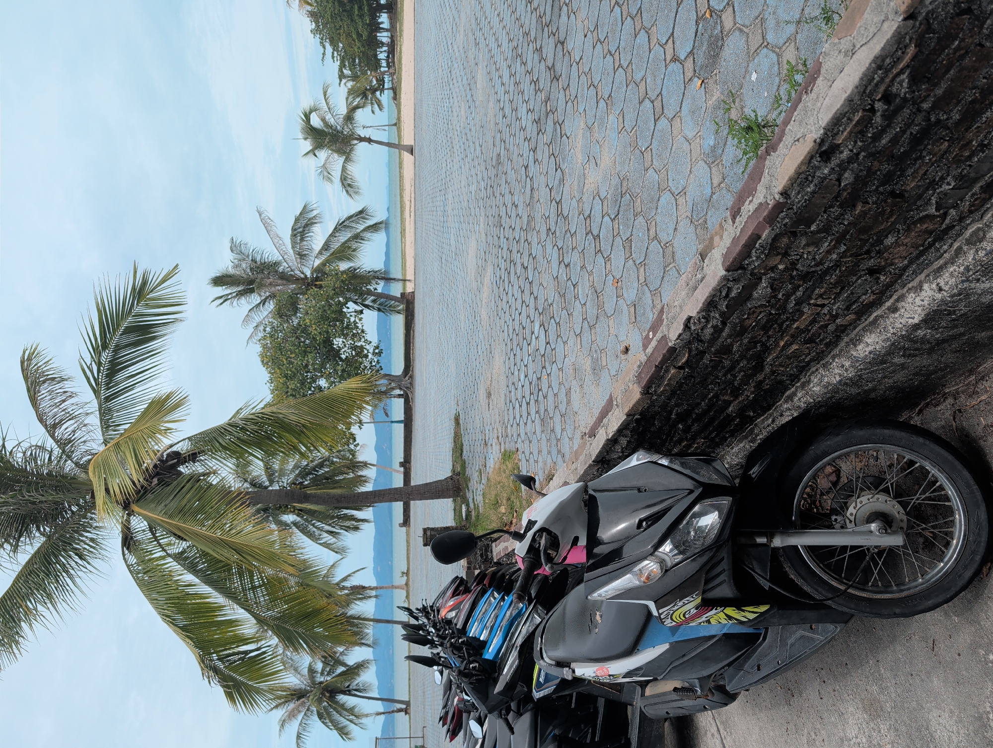 A street scene at Thong Sala, Thailand, showing parked scooters alongside a textured sidewalk and a low brick wall. Beyond the wall, the view opens to a beach area with palm trees and the sea under a partly cloudy sky. No people are visible. The scooters are lined up closely, suggesting a rental or parking area. The sidewalk is composed of interlocking blue-grey pavers. The focus is on the environment and the vehicles, with no actions or interactions occurring in the scene.