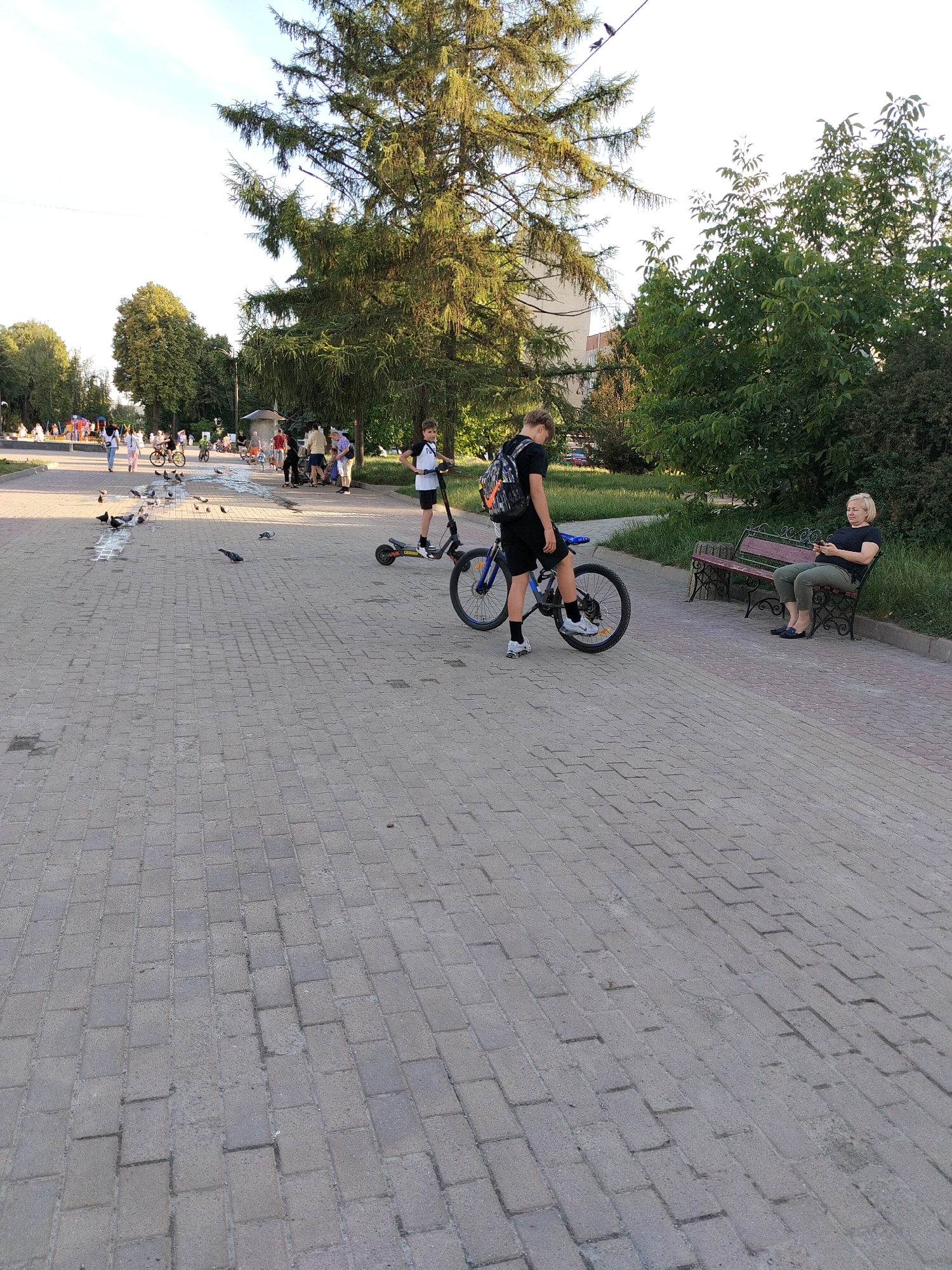 This media file depicts a scene in Ternopil, Ukraine, likely during a warm, sunny day. The setting appears to be a public park or promenade with a paved walkway made of interlocking bricks. Lush green trees line the pathway, casting shadows and providing a pleasant ambiance. The sky is bright with minimal clouds, suggesting it is either morning or late afternoon.
Several individuals are present, engaged in various activities. In the foreground, a young boy with blonde hair is standing next to a bicycle, holding onto its handlebars. He is wearing a black t-shirt and shorts, and a backpack is slung over his shoulders. Nearby, another young boy is on an electric scooter, also in casual attire. Further down the path, a group of people are walking, including a woman in a white top and pink pants, and other individuals in lighter clothing, suggesting a leisurely outing. Some are on bicycles, and a few are gathered in conversation. A woman is seated on a park bench on the right side of the image, looking at her phone. She is wearing a dark top and green pants.
The ground is populated by a flock of pigeons, pecking at the pavement. The scene conveys a sense of community and outdoor recreation. The overall mood is relaxed and casual, indicative of a pleasant day in a park. There is no visible text in the image.