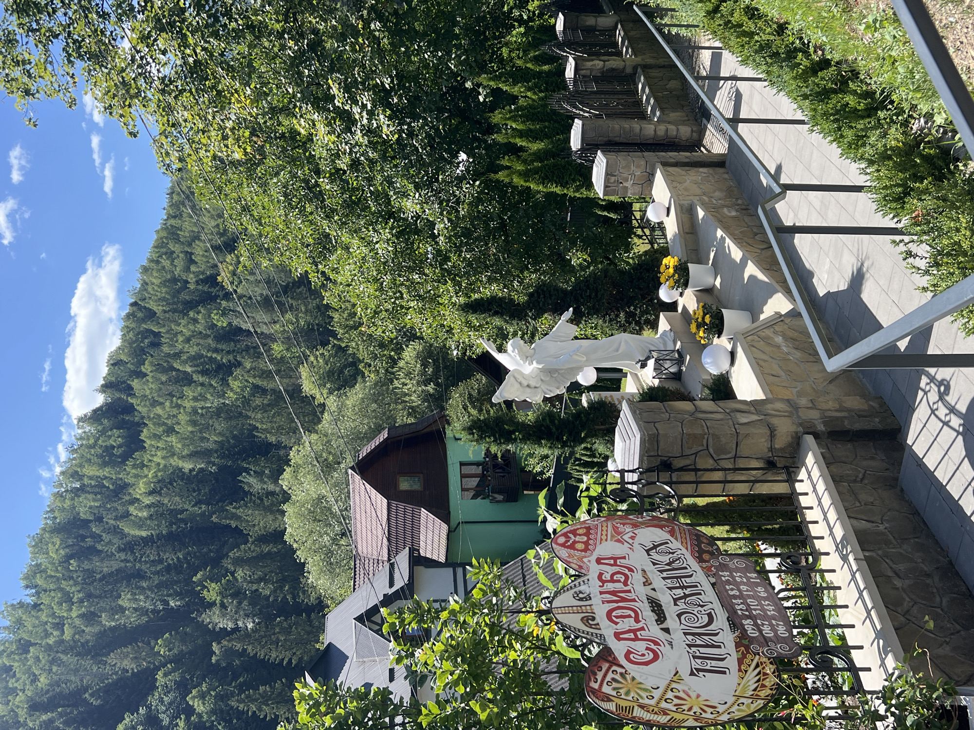 The image shows a scenic view of the city of Yaremche, Ukraine, with a focus on a lush green hillside covered in dense forest. In the foreground, a paved pathway with a metal railing leads upwards. To the left, a decorative sign with Ukrainian text "САДИБА ПИСАНКА" (Sadiba Pysanka) and phone numbers is mounted on a fence. Behind the sign, there is a stone wall and a black metal fence. A white statue of an angel with outstretched arms stands on a stone pedestal, flanked by potted yellow flowers and decorative white spheres. Further back, several green coniferous trees are arranged in a line, and a black metal gate is visible. In the background, several houses with various rooflines are nestled amongst the trees, and the imposing green hillside dominates the upper portion of the image under a bright blue sky with scattered white clouds.