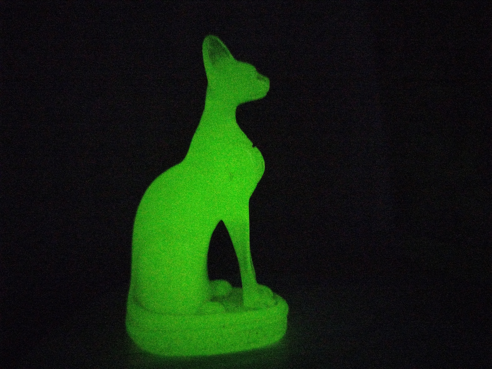 A neon green, glow-in-the-dark statuette of a seated cat, resembling an Egyptian sphinx or Bastet, is centered against a completely black background. The statuette is illuminated from within or by an external light source that causes it to glow vibrantly. The cat is posed in profile, facing right, with its head held erect and ears pointed upwards. Its body is sleek and stylized, with a visible curve to its back and a swelling that suggests a chest or breast. The cat sits on a rectangular base that is also glowing green. The surface of the statuette appears granular or textured, and there is visible noise in the image, consistent with low-light photography. There is no indication of any specific location in Saint Petersburg, Russia; the setting is an abstract black void.