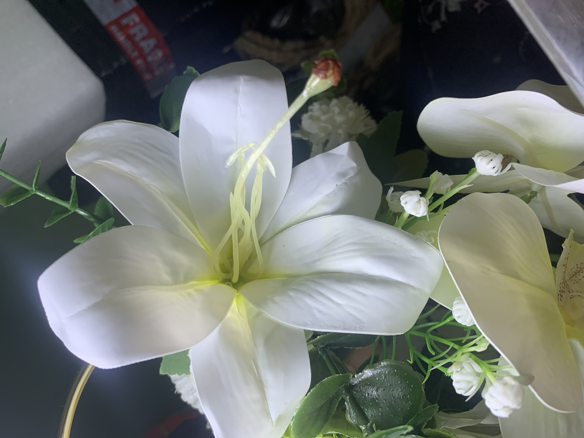 This is a close-up, low-angle, indoor shot of a white artificial lily as part of a floral arrangement. The flower is the primary subject, with its large, white petals dominating the foreground and midground. The stamen of the lily is a prominent yellow, with a reddish-brown tip on the pistil. Smaller, white, bud-like flowers are interspersed within the arrangement, along with green artificial leaves. A gold metallic ring is partially visible in the bottom left corner, suggesting the arrangement might be decorative or part of a larger display.
In the background, a dark, out-of-focus area suggests an indoor setting. To the left, a white object and a red and white striped label are visible. The label has the word "FRAGIL" in large, red, capitalized letters, indicating it's likely on a package that is being handled with care. The lighting appears to be artificial, creating some glare on the petals of the lily. The overall mood is still and perhaps a bit artificial due to the nature of the flowers. There are no people or animals visible, and no specific time of day or weather cues are apparent. The context provided places this scene in Kuala Pembuang, Indonesia, but there are no specific visual cues within the image to confirm this location.