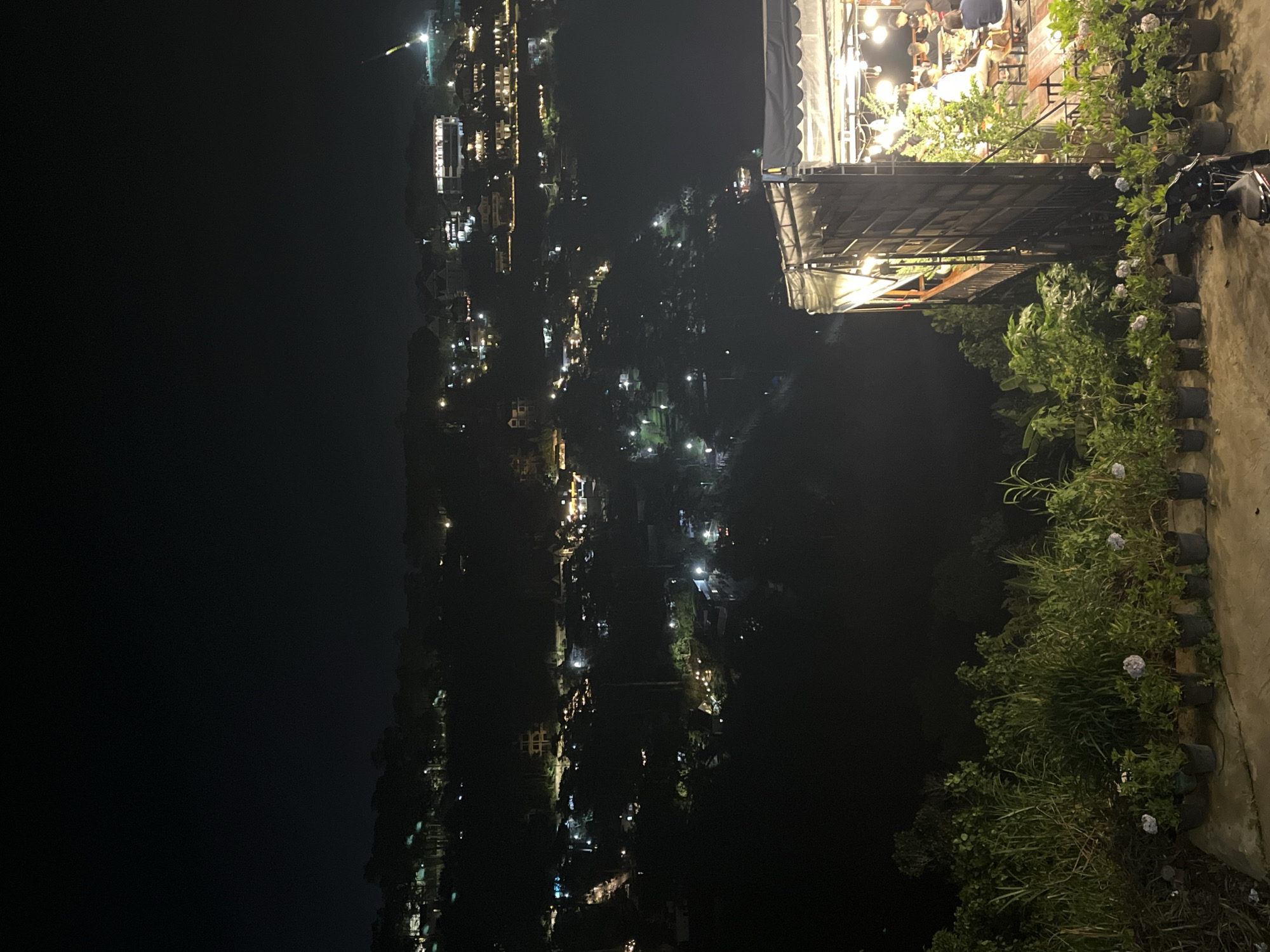 This is a nighttime, wide shot of a hillside city with a restaurant in the foreground. The city, identified as Da Lat, Vietnam, sprawls across rolling hills, illuminated by numerous small lights from houses and streetlamps. The sky is dark, with some distant lights suggesting further development or natural light sources.
In the immediate foreground, to the right, is an outdoor restaurant or cafe area. It features a covered seating area with overhead lighting, illuminating tables and chairs where patrons are seated, some appearing to be engaged in conversation or dining. A motorcycle is parked in the lower right corner of the frame. In front of the restaurant, a row of potted plants, many with light purple flowers, are neatly arranged. Behind the plants and the restaurant, dense vegetation, including tall grasses and trees, creates a natural border. The overall impression is one of a vibrant, lit-up urban landscape nestled within a dark, natural environment.