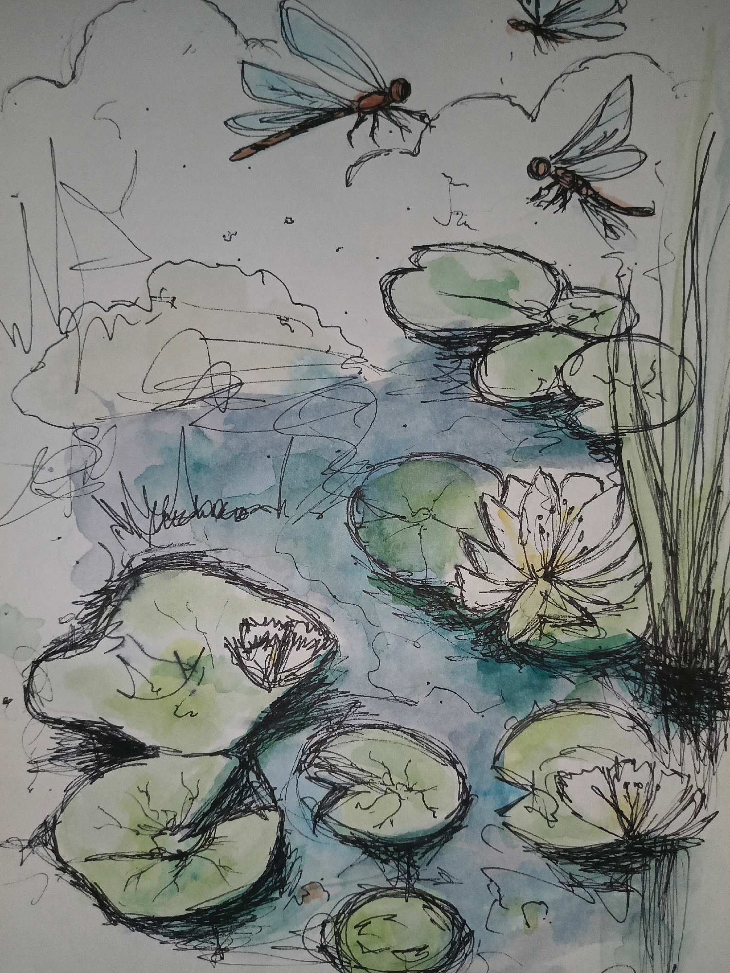 This is a watercolor and ink sketch of a pond with water lilies and dragonflies. The scene depicts several lily pads floating on the water, with some lily flowers in bloom. Two dragonflies are shown in flight above the pond, and reeds are visible along the right edge. The artwork has a loose, expressive style with bold ink lines and washes of color. The overall impression is one of a serene natural setting. There is no indication that this image is related to the city of Karnal, India.