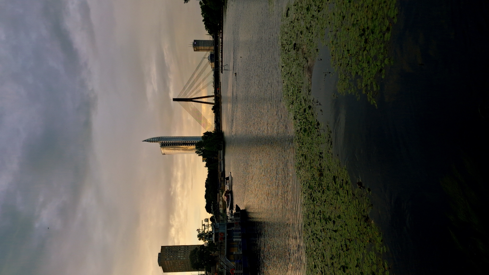 This image shows a view of the Daugava River in Riga, Latvia, at dusk. In the foreground, the water is covered with lily pads. In the middle ground, the river stretches towards a city skyline. Notable landmarks include the Vanšu Bridge, a cable-stayed bridge with a distinctive A-shaped pylon, and several modern buildings. On the left side of the river, there are moored boats, including a passenger ferry. The sky is overcast, with a warm glow from the setting sun visible on the horizon, reflecting in the water. The overall atmosphere is calm and serene, with the city lights beginning to emerge as darkness falls.