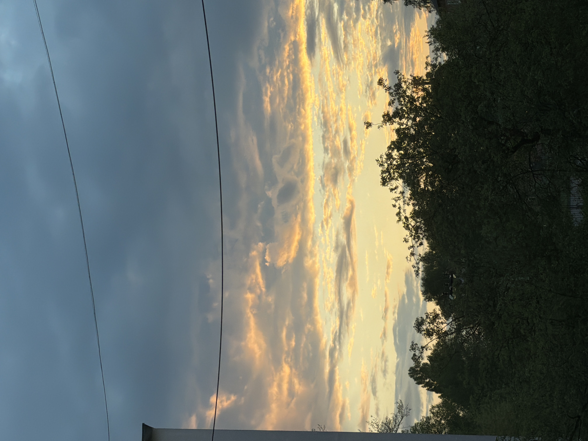 The image shows a sky at dawn or dusk, possibly in Reshetnikovo, Russia. A section of dark grey clouds dominates the left side, contrasting with the right where clouds are illuminated with golden and yellow hues, suggesting the presence of the sun. Silhouetted trees are visible on the right edge of the frame. Overhead electrical wires stretch across the sky, from the upper left corner towards the center of the image. A corner of a white building is visible at the bottom left of the image. No people are visible in the scene. The environment appears to be urban or suburban due to the presence of buildings and electrical wires. The scene captures a contrast between the dimness of the approaching or receding darkness and the vibrant colors of the sun's light.
