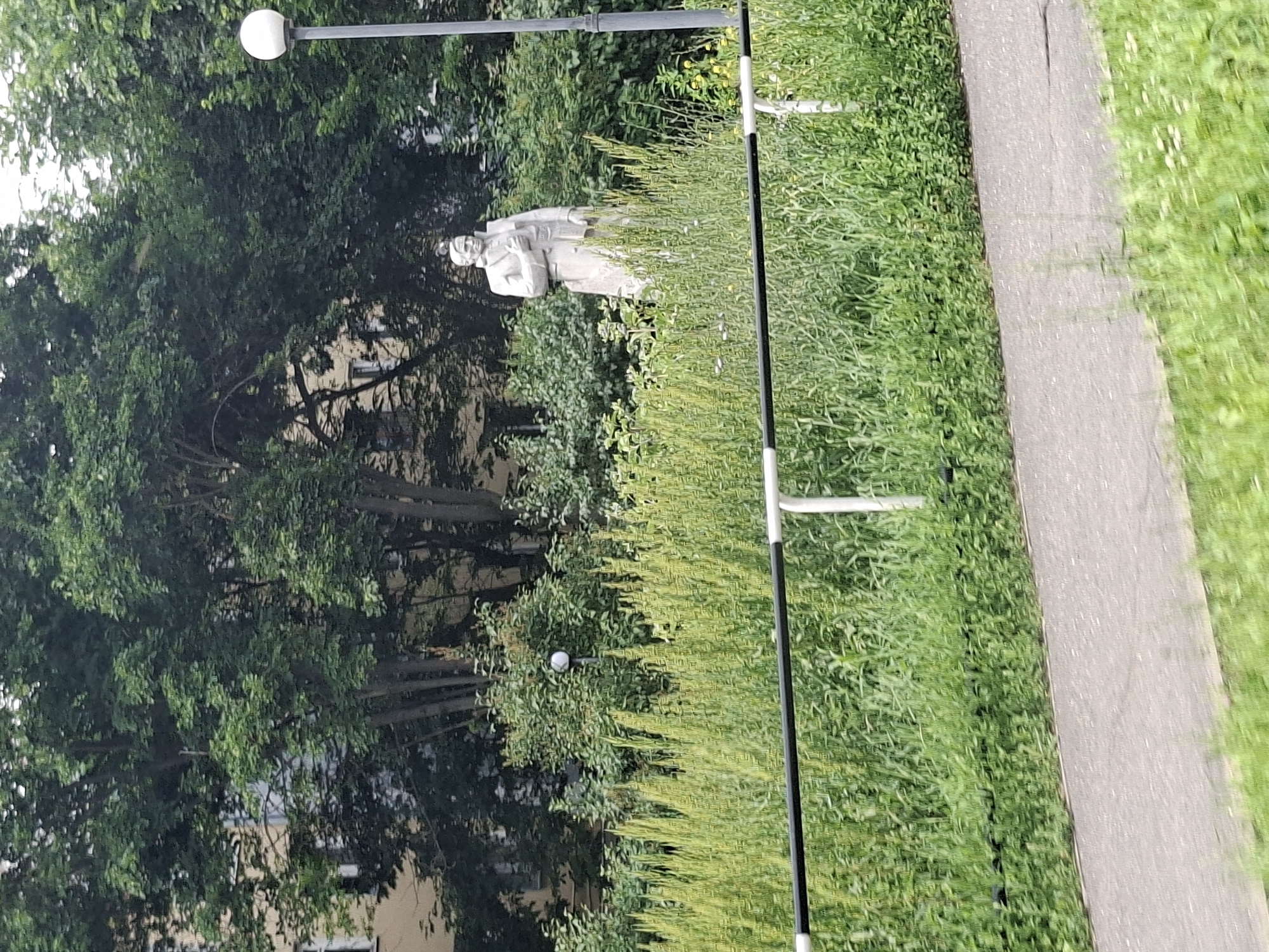 The image shows a statue of Vladimir Lenin in Izhevsk, Russia. The statue is made of concrete and is of a man standing with his hand on his chest. The statue is in a park, with trees and grass surrounding it. There is a fence in front of the statue, and a street in the foreground. The statue is a famous landmark in Izhevsk, and it is a popular tourist attraction.