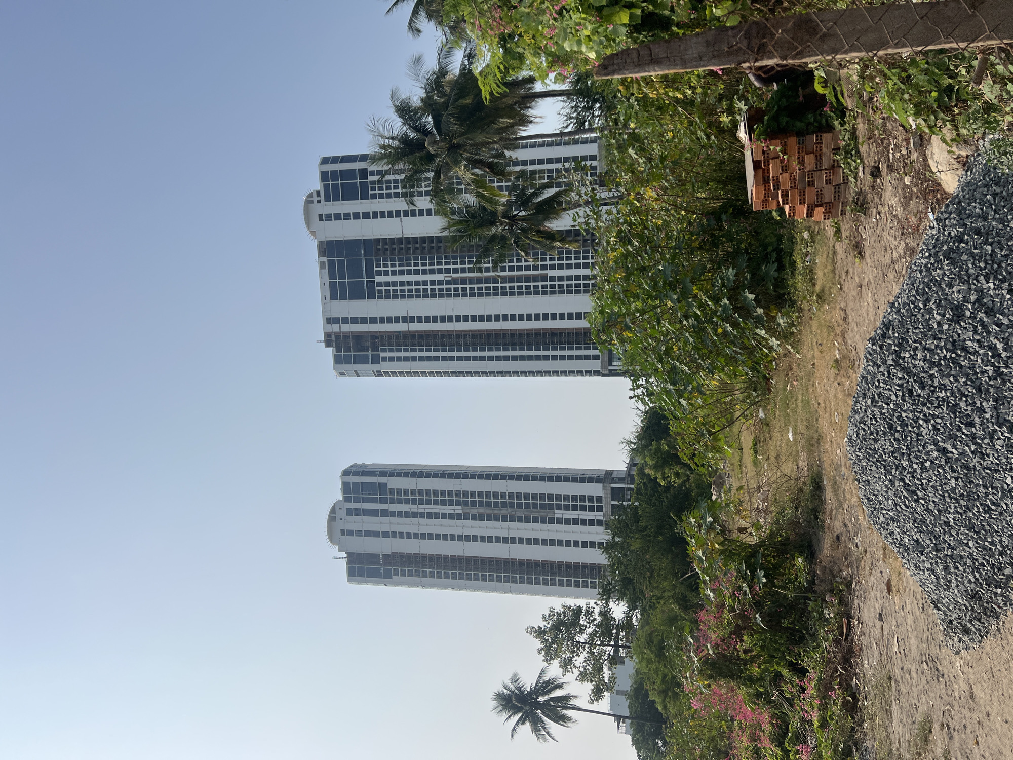 The image, correctly oriented, presents a clear daytime outdoor scene in Bắc Nha Trang, Vietnam, characterized by a blend of modern architecture and natural elements. In the background, two tall, slender skyscrapers stand prominently against a clear, bright blue sky. These buildings are predominantly white with numerous dark-paned windows, suggesting contemporary design, possibly residential or commercial high-rises. Sections of the buildings appear to be under construction or newly completed.
Several palm trees are interspersed throughout the frame, with one large palm tree positioned between the two buildings and another smaller one in the lower foreground. The mid-ground and foreground are filled with abundant green foliage, including various bushes and some flowering plants displaying small pink or purple blossoms, creating a lush, natural barrier.
On the right side of the foreground, there is an unpaved dirt path or area. Adjacent to this path is a large mound of grey crushed stone or gravel, indicative of ongoing construction or landscaping. Further into the green growth on the right, a neatly stacked pile of red bricks can be seen. A segment of a chain-link fence is visible in the upper right corner, partially obscured by vegetation.
The weather appears sunny and clear, with no clouds in the sky. There are no people visible in the image, and no discernible text appears on any objects or buildings. The scene conveys a sense of a developing area where modern urban expansion is juxtaposed with the existing natural environment.