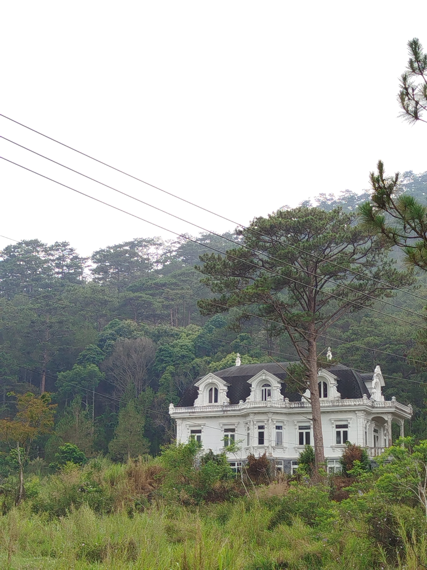 The image shows a white, two-story building with a dark roof, nestled in a lush, green, hilly environment. The building features arched windows, ornate detailing along the roofline, and a small balcony. The surrounding landscape is dominated by trees and vegetation, suggesting a remote or secluded location. Overlapping the scenery are power lines. Based on the architecture and environment, this appears to be located in Da Lat, Vietnam.