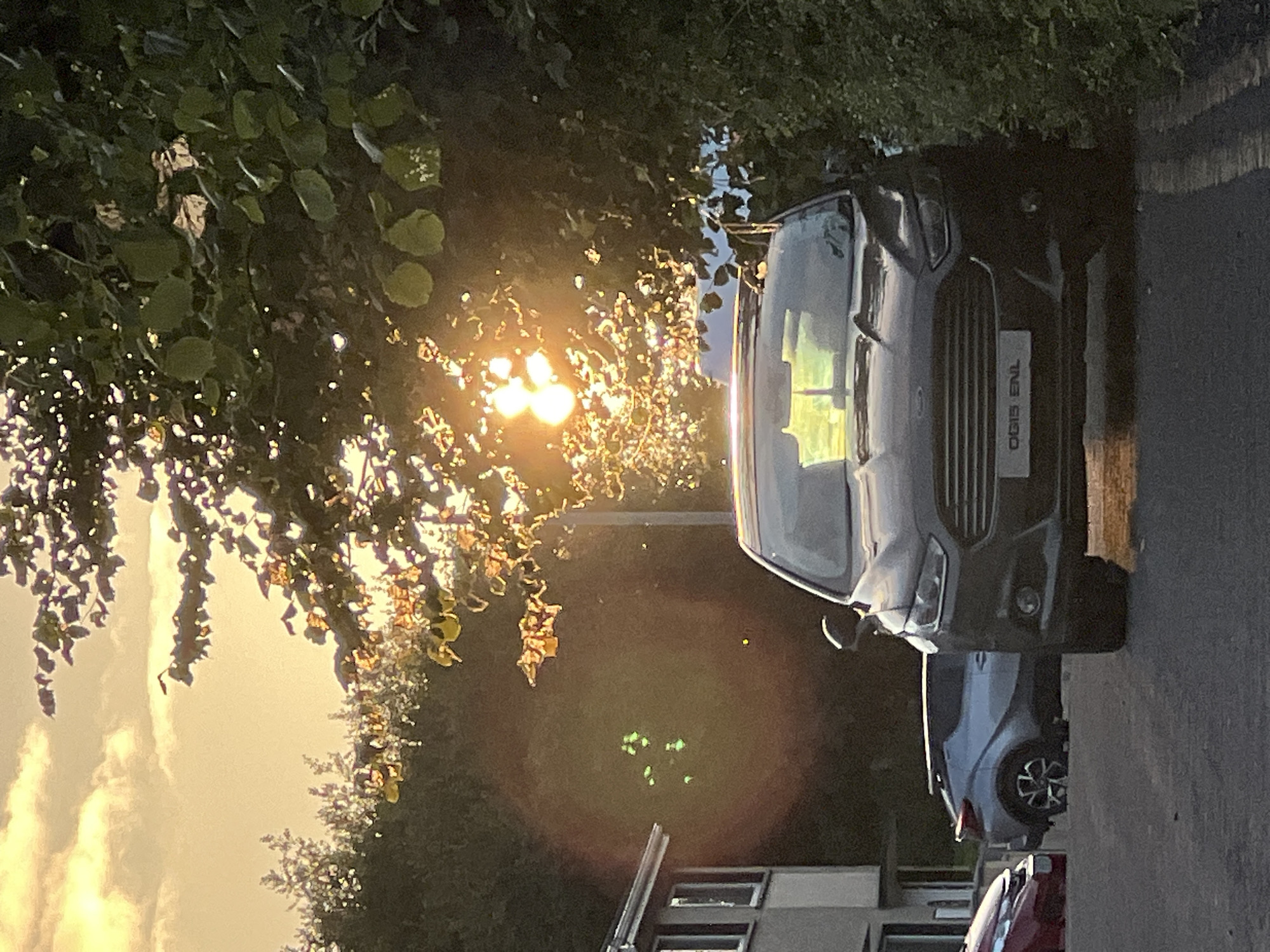 The image shows a residential street in Mountcharles, Ireland, during sunset. A dark-colored Ford car is parked in the foreground, facing the camera. To its left, a silver SUV is visible, and a portion of a red car is on the far left. The street is paved, and a hedge runs along the right side of the image. Trees with foliage and branches, some of which are illuminated by the setting sun, are present in the background and overhead. The sky is a warm, golden hue, indicative of sunset. There are no people visible in the image. The license plate of the Ford car reads "OGIS ENL".