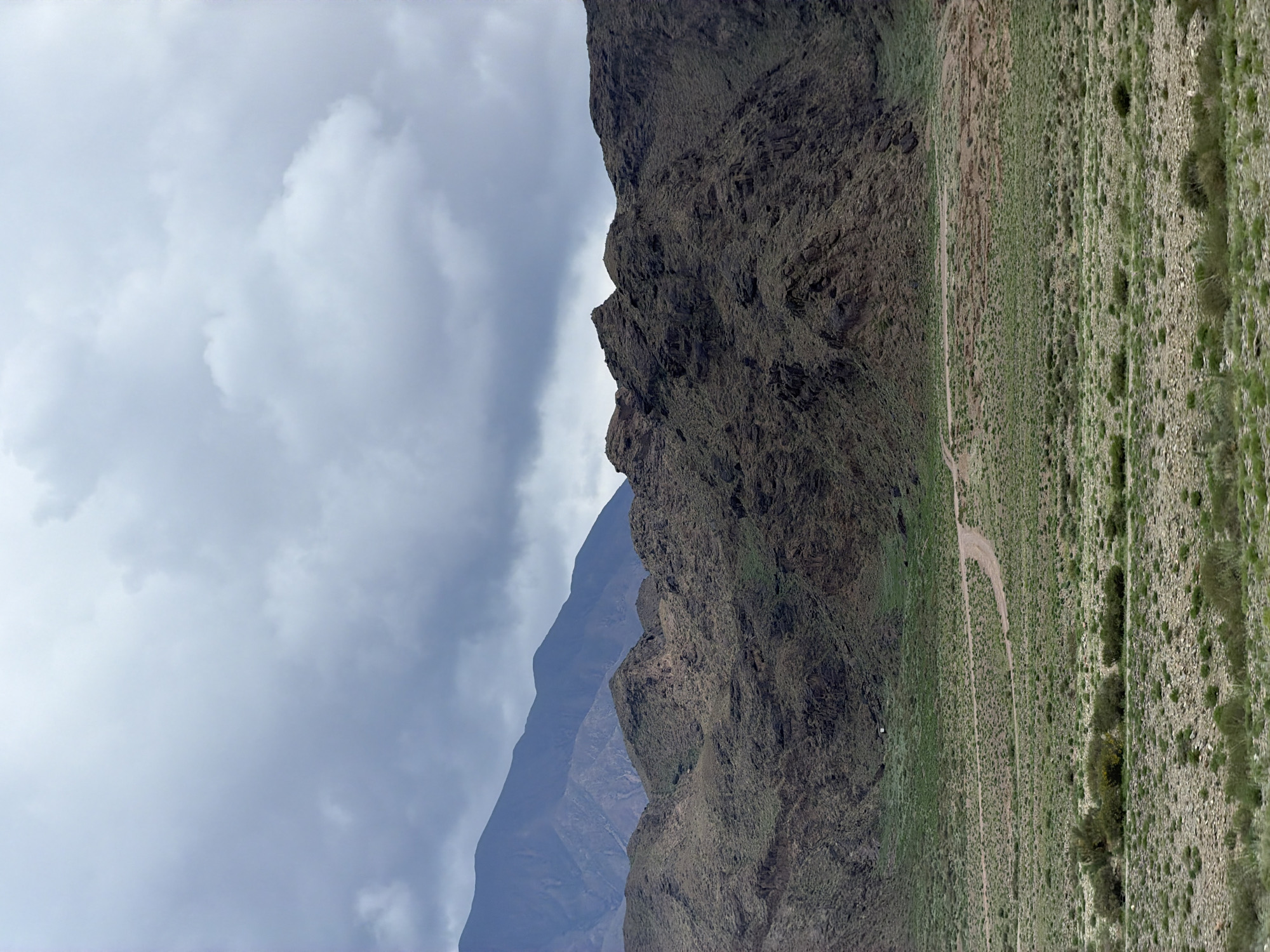 An overcast day is depicted in this landscape image of Orto Tokoy, Kyrgyzstan. The foreground is a dry, rocky plain dotted with sparse green vegetation. A dirt road winds through this plain, leading towards a middle ground dominated by rugged, brown, and green mountains. These mountains are covered in low-lying scrub and show significant erosion and rock formations. In the background, a larger, softer-edged mountain range is visible, shrouded in mist and further subdued by the cloudy sky. The sky itself is filled with heavy, gray clouds, suggesting the possibility of rain or a recent downpour. No people or animals are present in the frame.