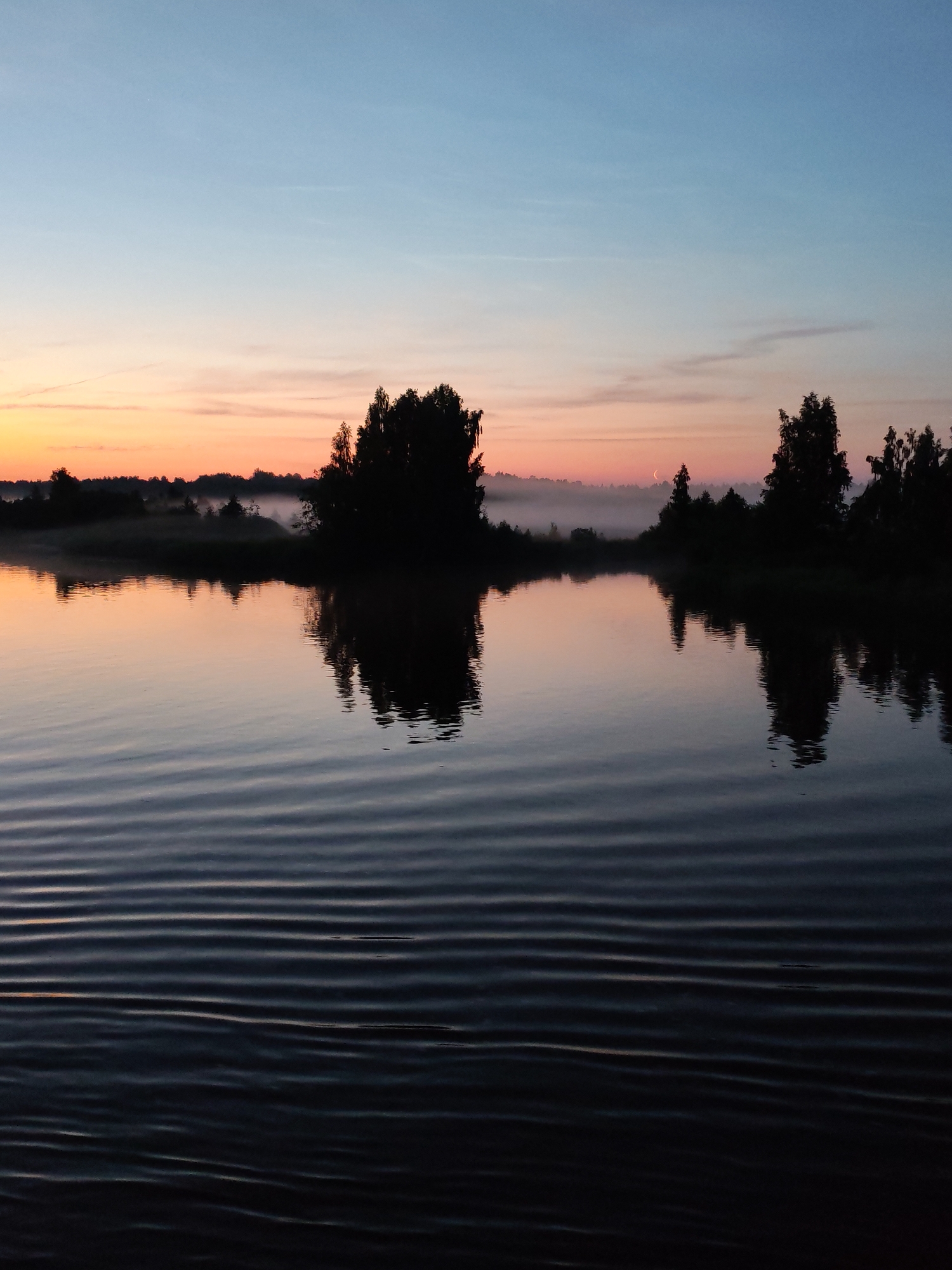 This is a full-frame, eye-level, horizontal, natural light, landscape photograph of a tranquil body of water at dusk. The scene is set in the city of Vytegra, Russia, along the waterfront. The sky is a gradient of pale blue at the top, transitioning to soft orange and pink hues closer to the horizon, indicating sunset or sunrise. A thin layer of mist hovers over the distant treeline, which is silhouetted against the colorful sky. Several trees, also in silhouette, are visible on the horizon and in the middle ground. The water in the foreground exhibits distinct, rippling waves, reflecting the muted colors of the sky and the dark silhouettes of the trees. The overall impression is one of peaceful serenity. There are no people or animals visible in the image.
