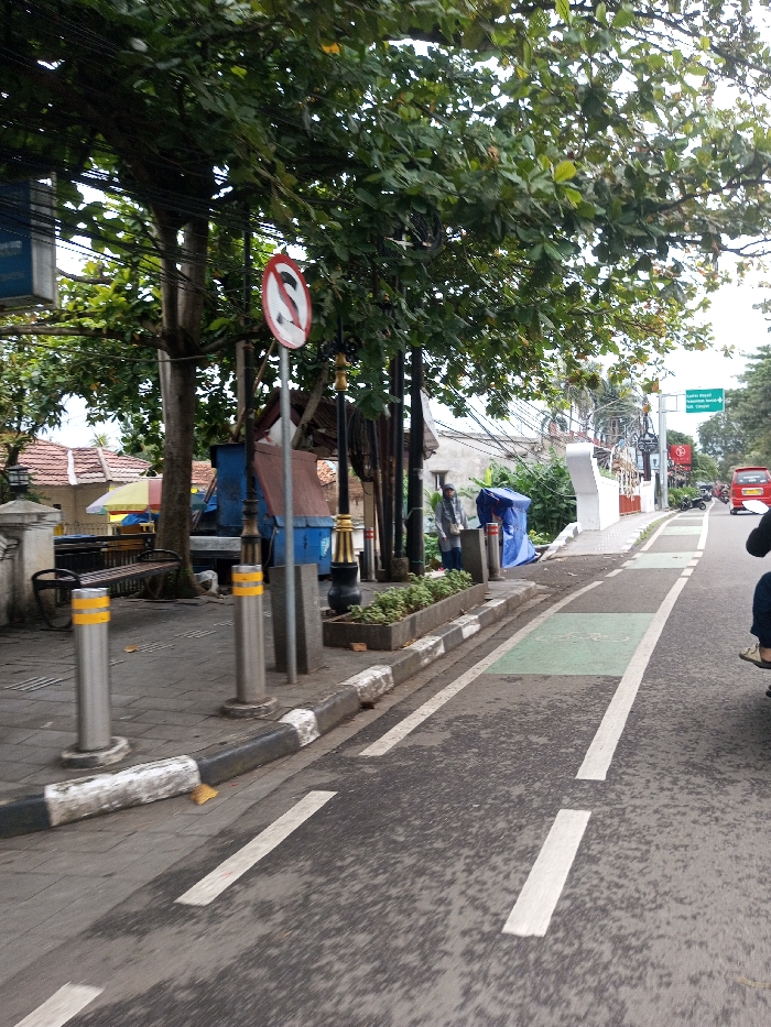 The scene is an urban street in Kodarapalli, India, viewed from a slightly elevated position. The asphalt road in the foreground features white dashed lane markings and a green-painted bicycle lane identified by a white bicycle symbol. A black and white striped curb separates the road from a grey paved sidewalk.
On the sidewalk, two stainless steel bollards with yellow reflective caps are present, followed by a brown wooden bench and a dark trash receptacle. A large tree with visible roots rises from the sidewalk. Multiple ornate black street lamps with gold accents and a linear planter containing green foliage are aligned along the sidewalk. A red circular "No Parking" sign, featuring a white 'P' with a diagonal line, is mounted on a pole. Behind these elements, a blue container with a sloped brown roof is visible. A person, dressed in a light-colored top and dark pants, stands next to a blue tarp-covered object. Overhead utility lines are prominent throughout the upper left section.
In the midground on the right, a white decorative fence or gate structure is visible. Above it, a green overhead directional sign displays white text, including "Terminal Purabaya" and "Jalan Raya," accompanied by directional arrows. A red rectangular commercial sign is positioned below the green sign. A red vehicle is present in the distant background on the road, and the lower legs of a person on a motorcycle or scooter are visible in the immediate right foreground on the road. Dense green tree foliage heavily overhangs the entire scene.