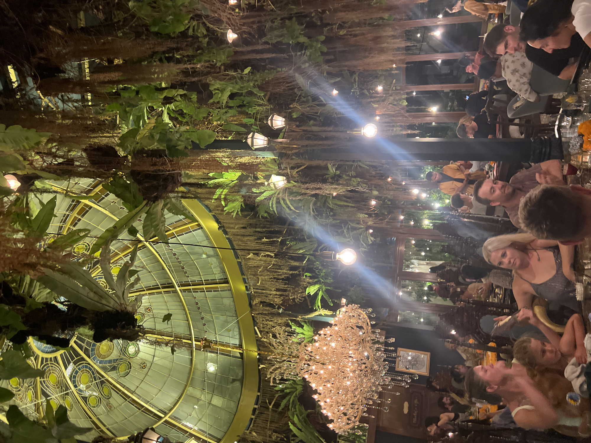 The image shows the interior of a restaurant located in Ubud District, Indonesia. The focal point is the restaurant's ceiling, featuring a large, ornate glass dome with a gold-toned framework and decorative stained glass elements. Lush greenery, including hanging plants and vines, adorns the ceiling and interior, creating a garden-like ambiance. A prominent chandelier hangs from the ceiling, casting a soft, warm light.
In the background, tables are occupied by groups of people dining and socializing. Some individuals are visible, engaged in conversations and interactions. The restaurant appears to be dimly lit, with additional lighting provided by small lamps and overhead fixtures. The overall atmosphere is one of sophistication and tropical charm.