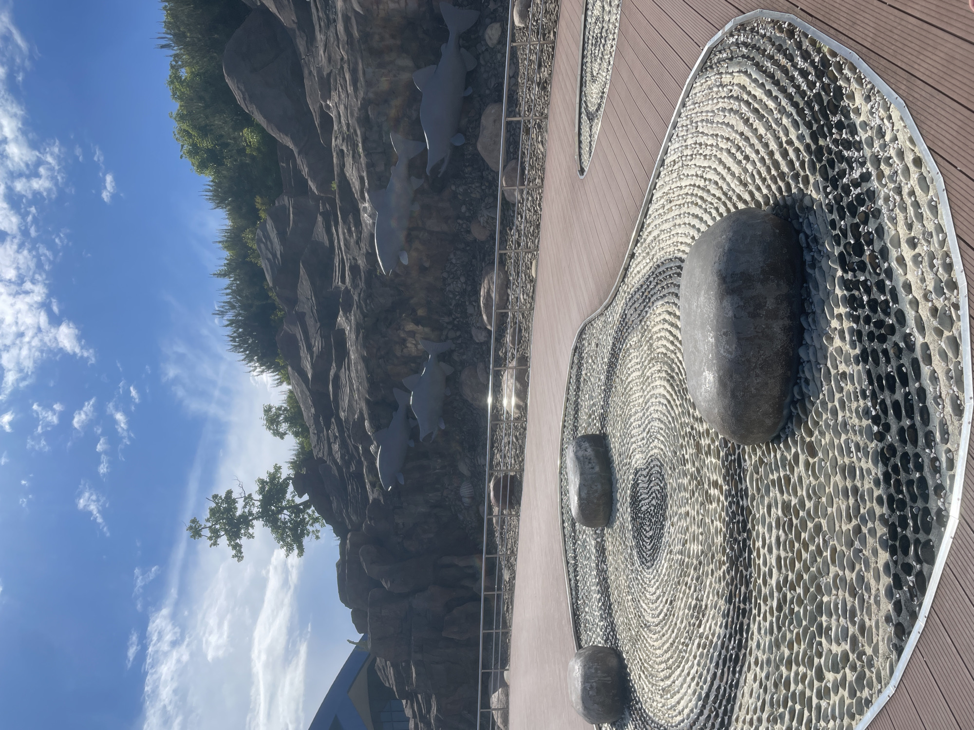 In Russky, Russia, a sunny, outdoor scene unfolds. In the foreground, a circular mosaic of pebbles, arranged in concentric rings of light and dark stones, is adorned with three large, rounded rocks. This artistic arrangement sits on a reddish-brown wooden deck. Behind the deck, a metal railing separates the viewer from a rocky embankment. Several grey dolphin-shaped sculptures are mounted on the rocky surface, appearing to swim. Above the embankment, a tree with green foliage grows out of the rocks, under a bright blue sky with scattered white clouds. To the left, a portion of a blue building is visible. The overall environment suggests a public space, possibly a park or an attraction, designed with natural elements and decorative sculptures.