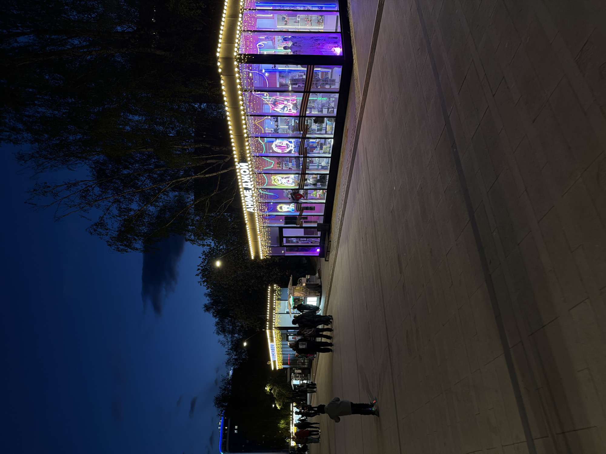 Here is a description of the image:
The image depicts a nighttime scene in Izhevsk, Russia. The focus is on a brightly lit storefront with a sign in Russian that reads "АНИМЕ ДЖОЙ" (Anime Joy). The storefront has large windows displaying various anime-related merchandise, illuminated with blue and purple lights. A string of warm white lights runs along the top of the storefront. Several people are walking along the paved walkway in front of the store. To the left of the storefront, trees obscure the view of the night sky, which is a deep blue. The camera angle is slightly tilted, giving the impression of looking up at the storefront. The sidewalk and building wall are dark gray. The overall ambiance is a lively, urban setting at night.