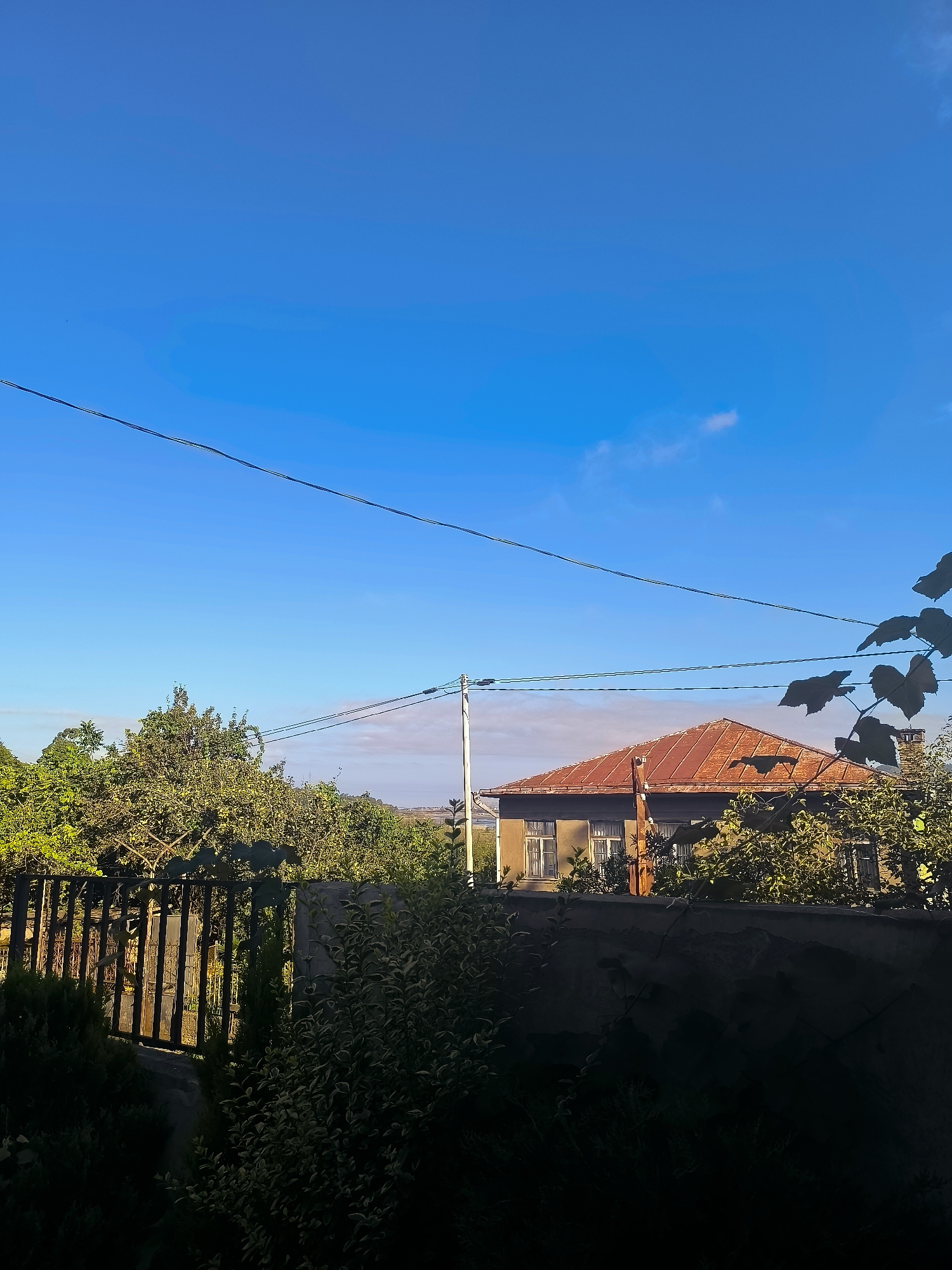 The image depicts a view of a house in Makho, Georgia, under a clear blue sky. The house features a prominent red, corrugated metal roof and a neutral-colored facade with several windows. It is surrounded by lush green trees and foliage. In the foreground, a dark, textured wall and a metal fence are visible, with some greenery in front of the fence. Overhead, power lines are strung across the sky, supported by a utility pole. The lighting suggests it is daytime, possibly late afternoon, given the shadows.