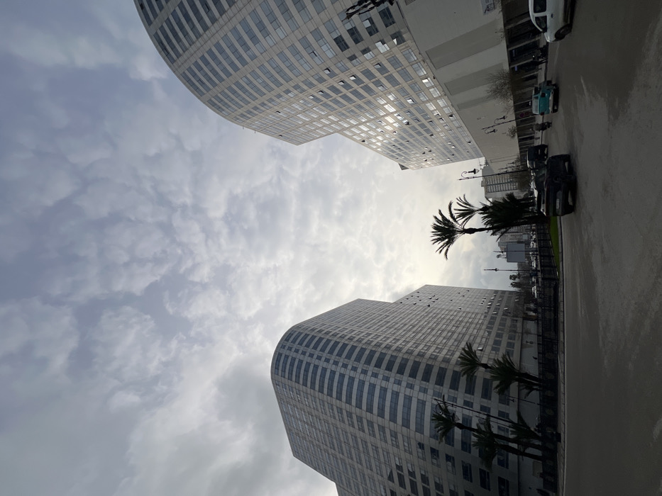 This image depicts an urban street scene in Tangier, Morocco, characterized by two prominent modern high-rise buildings with curved facades and extensive window glazing. The building on the left is largely shadowed, while the building on the right exhibits reflective highlights from its windows. An overcast sky with scattered clouds dominates the upper portion of the frame. An asphalt road occupies the foreground and midground, populated by several vehicles including a dark SUV/car, a light blue van, and a white pickup truck. Multiple palm trees are situated along the roadside and between the buildings. Black, ornate streetlights are also visible.