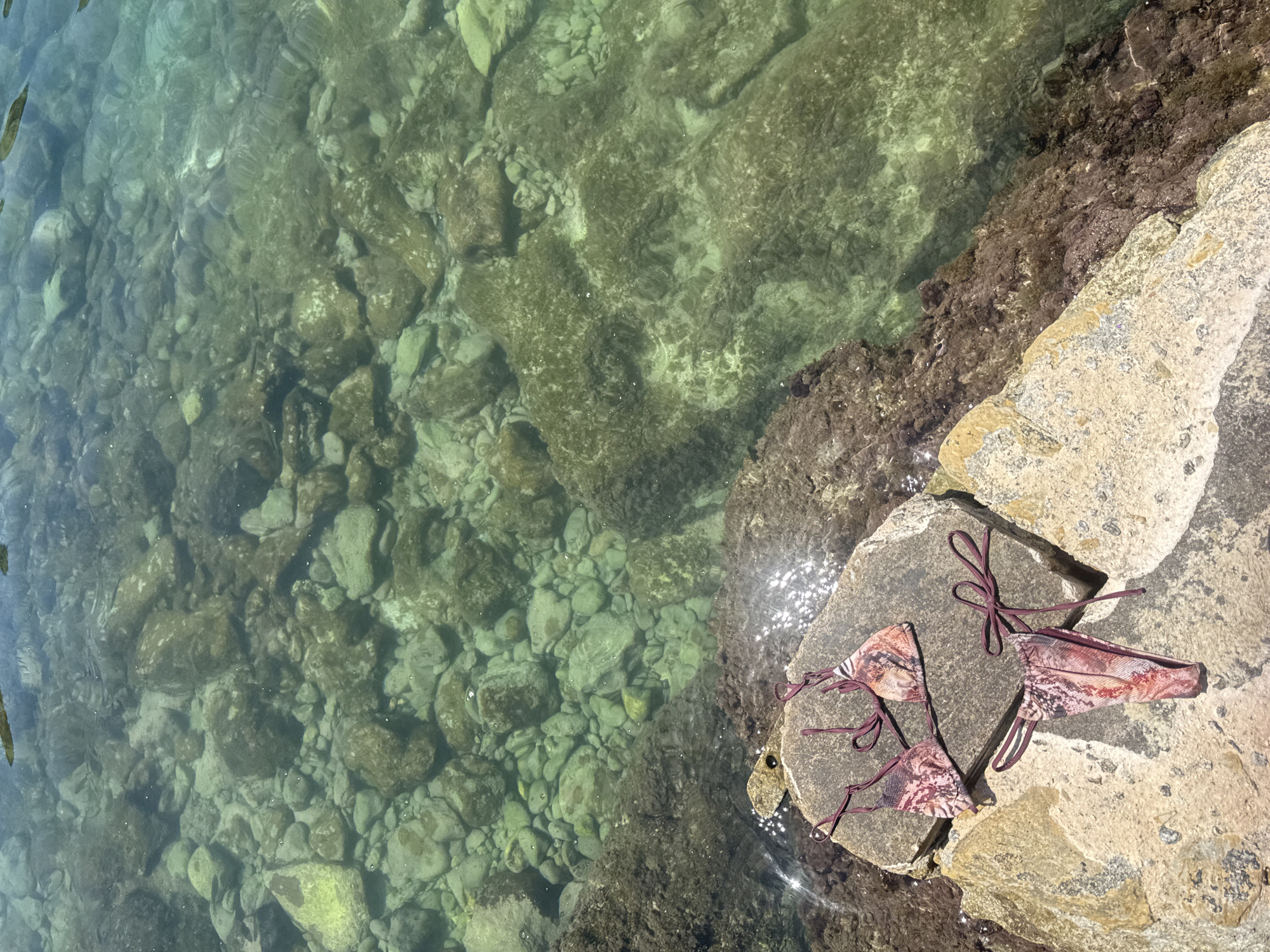 A high-angle medium shot captures a bikini laid out on a sun-drenched rock formation overlooking clear, turquoise waters in Mellieħa, Malta. The bikini, featuring a snake-print pattern in shades of pink, orange, and brown, is placed on a large, light-colored rock. The top piece is positioned to the left, and the bottom piece lies below it, with its strings tied in a bow. The surrounding rocks are textured and appear wet near the water's edge, which is partially covered in dark algae. The water is remarkably clear, revealing a rocky seabed with various-sized stones and patches of green algae. Sunlight glints off the water's surface, creating sparkling highlights. The scene is devoid of any people, suggesting a moment of quiet solitude by the sea.