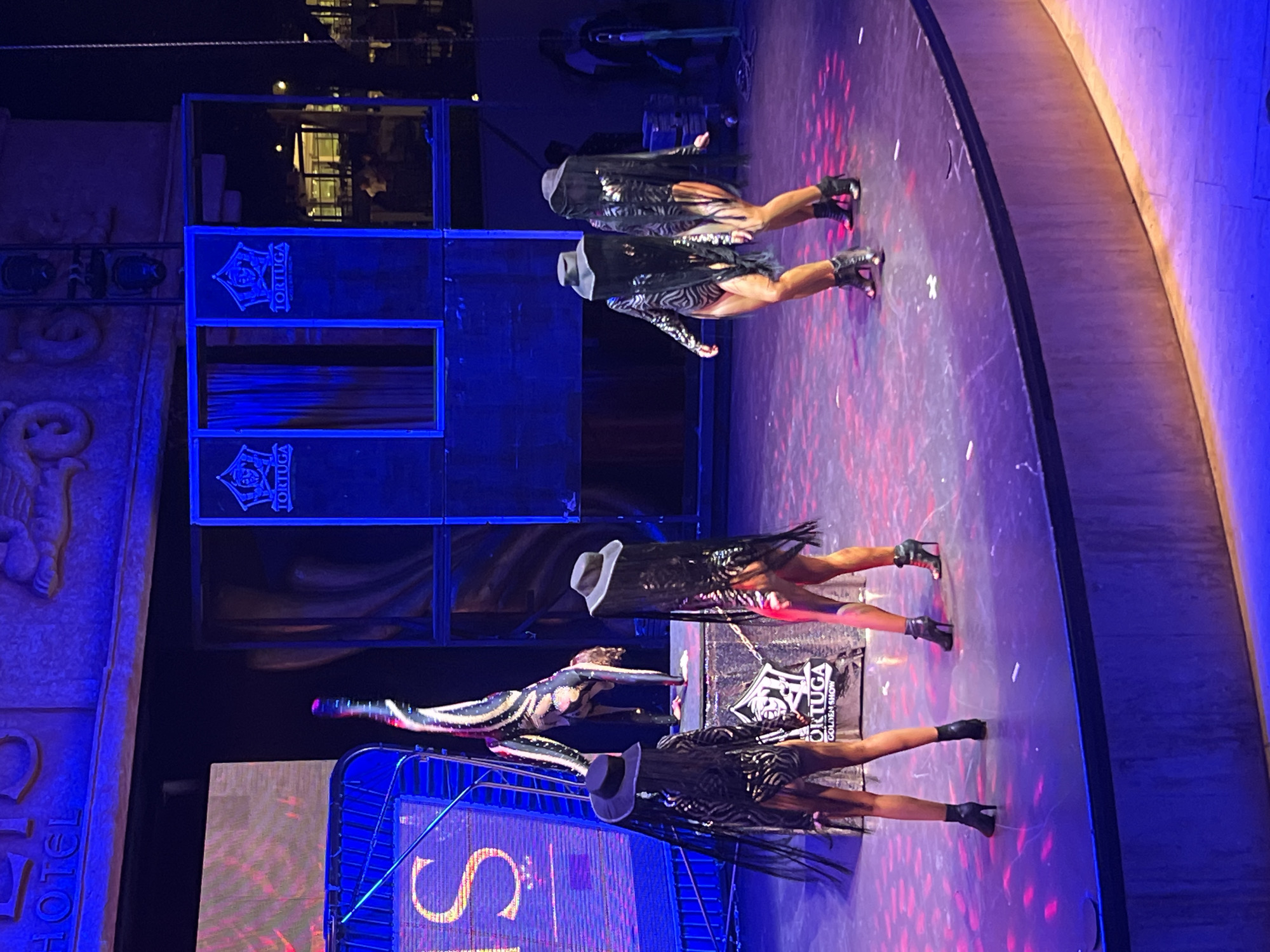 In Serik, Turkey, a stage performance is underway, illuminated by vibrant blue and pink lights. In the background, large banners with the logo "TORTUGA" are prominently displayed. On the stage, a performer is executing a handstand in a sparkling, multi-colored costume. In the foreground, four individuals are dressed in black, sequined leotards with flowing fringe, wide-brimmed hats, and high-heeled boots. Two of them stand facing the audience, while the other two are turned away, their faces obscured by their hats and veils. The stage floor is a deep purple, with scattered pink light reflections. To the left, a large LED screen displays the word "HOTEL" in large, illuminated letters. The overall scene suggests an energetic and theatrical entertainment event.