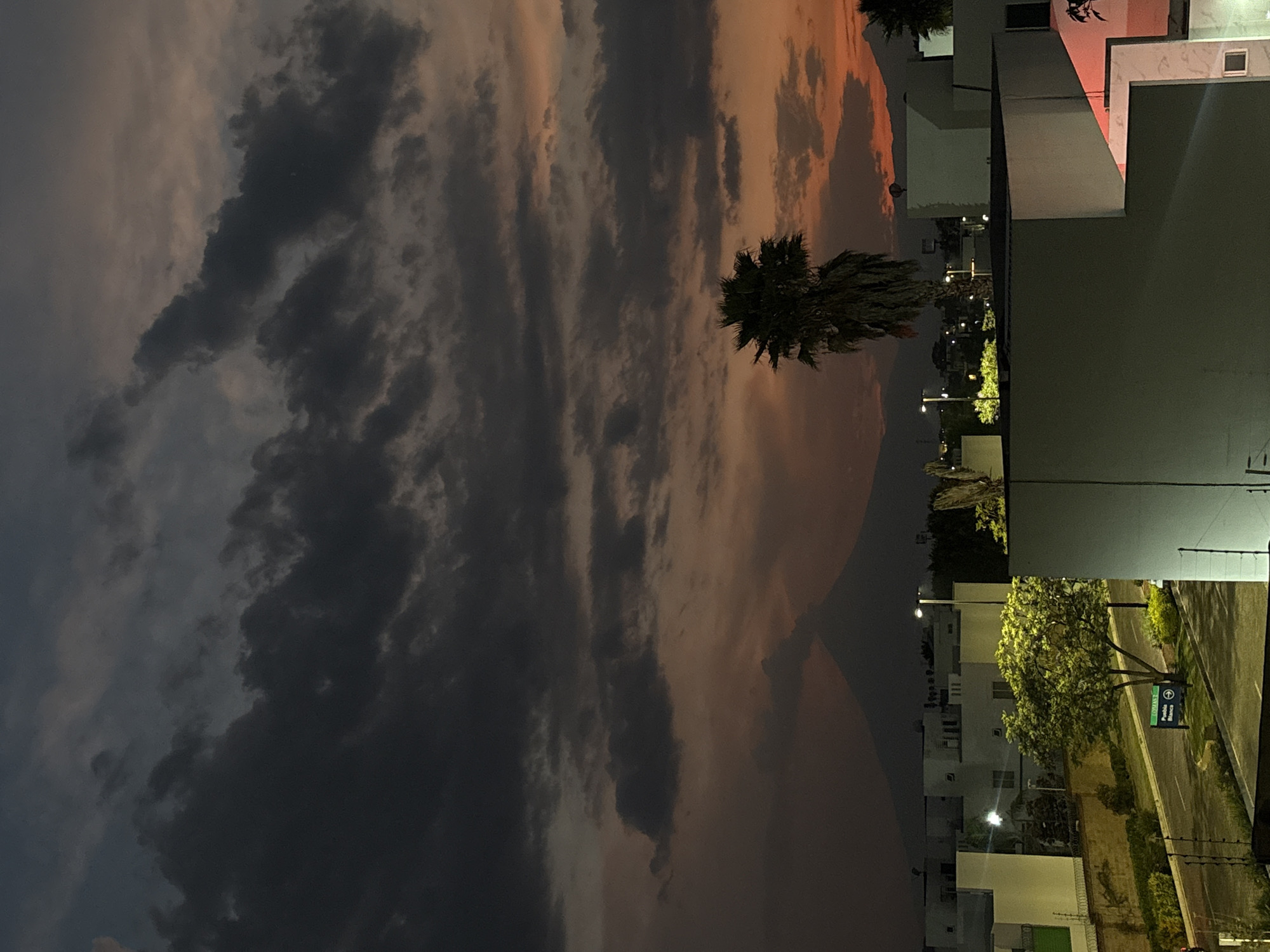 The image captures a dusk scene in San Bernardino Tlaxcalancingo, Mexico. The sky dominates the view, displaying a mix of dark, heavy clouds and streaks of orange light from the setting sun. A lone palm tree stands silhouetted against the colorful sky. To the right, modern buildings are visible, their white walls reflecting the artificial light from within. A road stretches out on the right, flanked by a tree and a road sign with directions to Puebla Blanca. The overall atmosphere is one of a quiet evening in an urban environment.