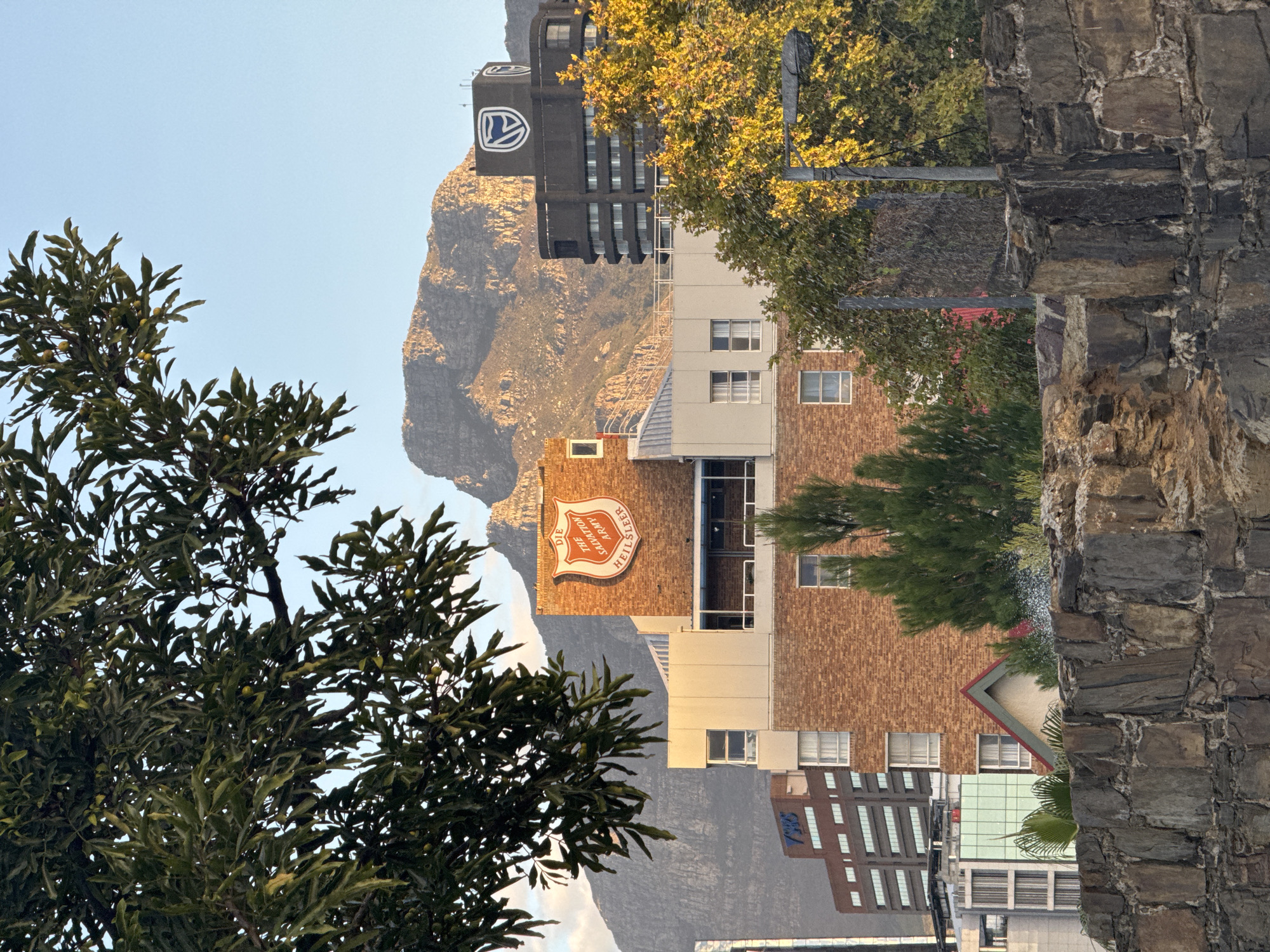 The image shows a cityscape in Cape Town, South Africa, with a view towards a mountain in the background. The foreground includes a tree with green leaves on the left and a stone wall on the right. A building with the "Die Salvation Army" logo is prominently featured in the middle of the frame. Other buildings are visible, including a building with a "SB" logo on top. The scene is bathed in natural light.
