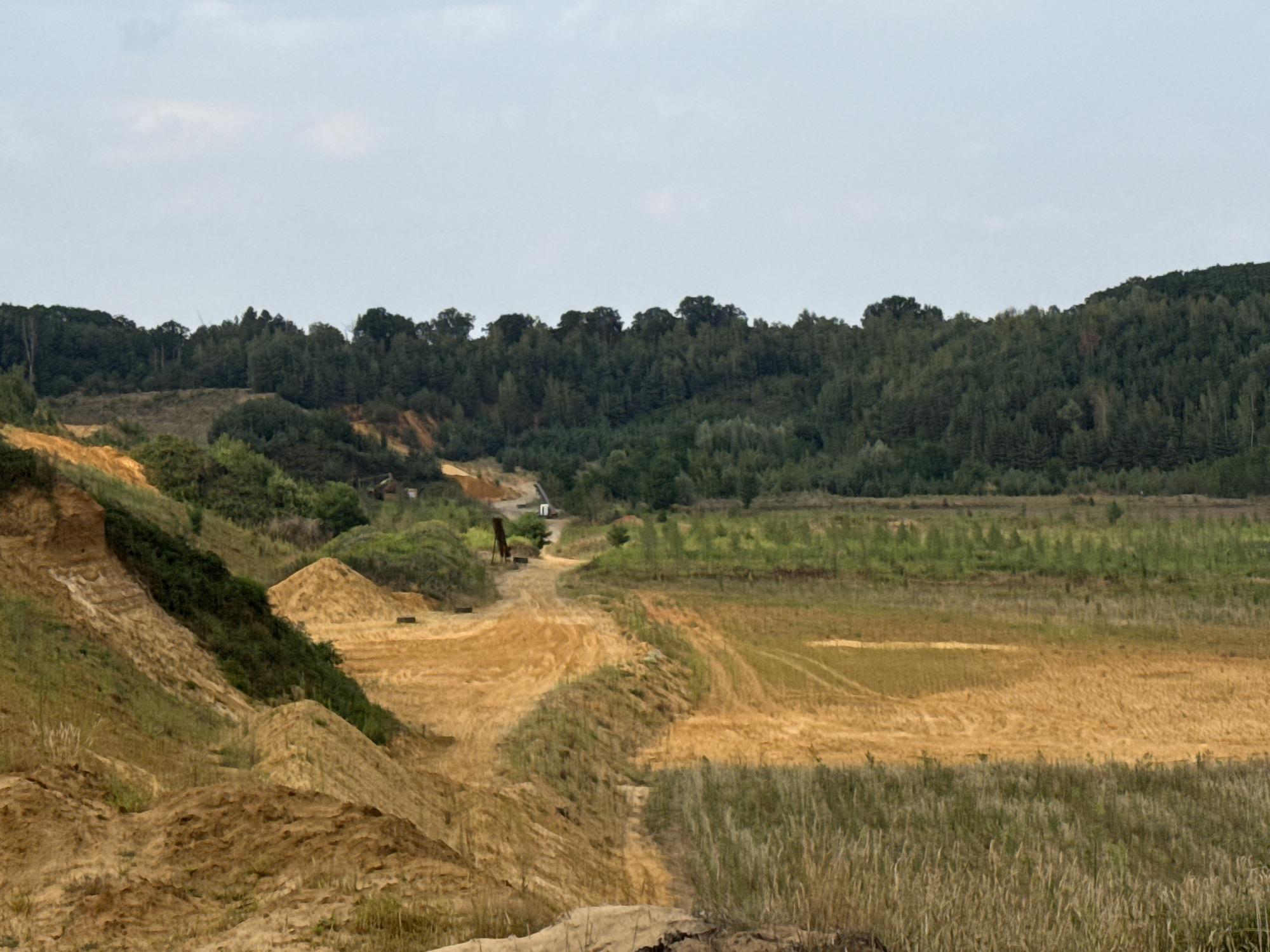 The image depicts a landscape in Dorsten, Germany, characterized by a quarry or excavation site. In the foreground and left side, large piles of sandy earth are visible, suggesting recent excavation or material stockpiling. A dirt track or road winds through the site, marked by tire tracks and leading towards the background. Various shades of green vegetation, including grass and trees, are scattered throughout the scene, with a dense treeline forming the horizon in the background. The sky is overcast with clouds. There are no people or animals visible in the image.