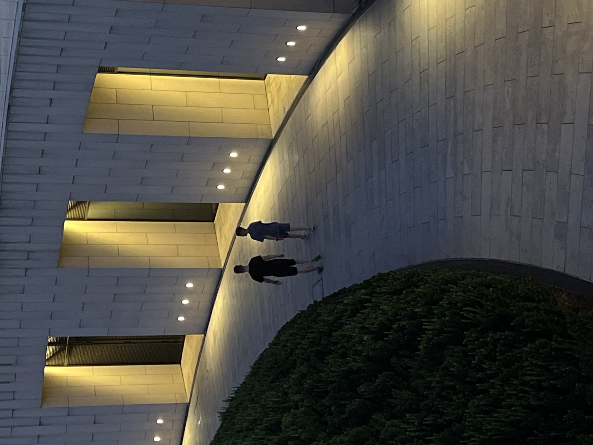 This is a vertical, eye-level shot taken outdoors at dusk, likely in Krasnodar, Russia. The scene depicts a modern architectural setting with a curved building facade and a paved walkway. The building features light-colored stone blocks and illuminated recessed windows or alcoves, casting a warm glow. A row of small, circular lights are embedded along the edge of the overhang.
Two individuals are walking away from the camera on the walkway. The person in front is wearing a dark t-shirt and shorts, while the person behind them is in a dark blue t-shirt and dark shorts. They appear to be casually strolling. To the right of the walkway is a large, dense bush or shrub, which is largely in shadow. The lighting suggests it is evening, with artificial lights providing illumination. The overall mood is serene and quiet. There is no visible text in the image.
