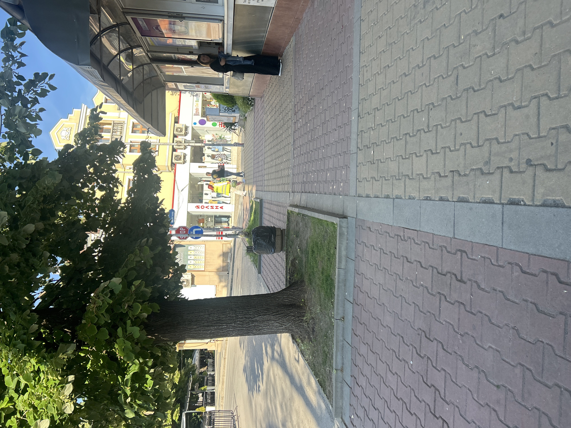 The image depicts a street scene in Shumen, Bulgaria, likely on Tsar Ivan Shishman Street. In the foreground, a tree with lush green leaves stands tall, casting shadows on the red brick pavement. The pavement is divided into two sections by a gray border, with the right side featuring lighter colored pavers. To the right, a woman in a black dress holds a young child while interacting with someone at a kiosk under a striped awning. Behind the kiosk, a yellow building with ornate architecture rises, showing multiple windows and air conditioning units. Further down the street, pedestrians are visible, including a person in a yellow vest. Signs with Cyrillic lettering, such as "CLASSIC" and "ЙОЛИНА", are displayed on shop fronts. Traffic lights and street signs, including a "STOP" sign, are also present. The overall impression is a sunny day on a busy urban street.
