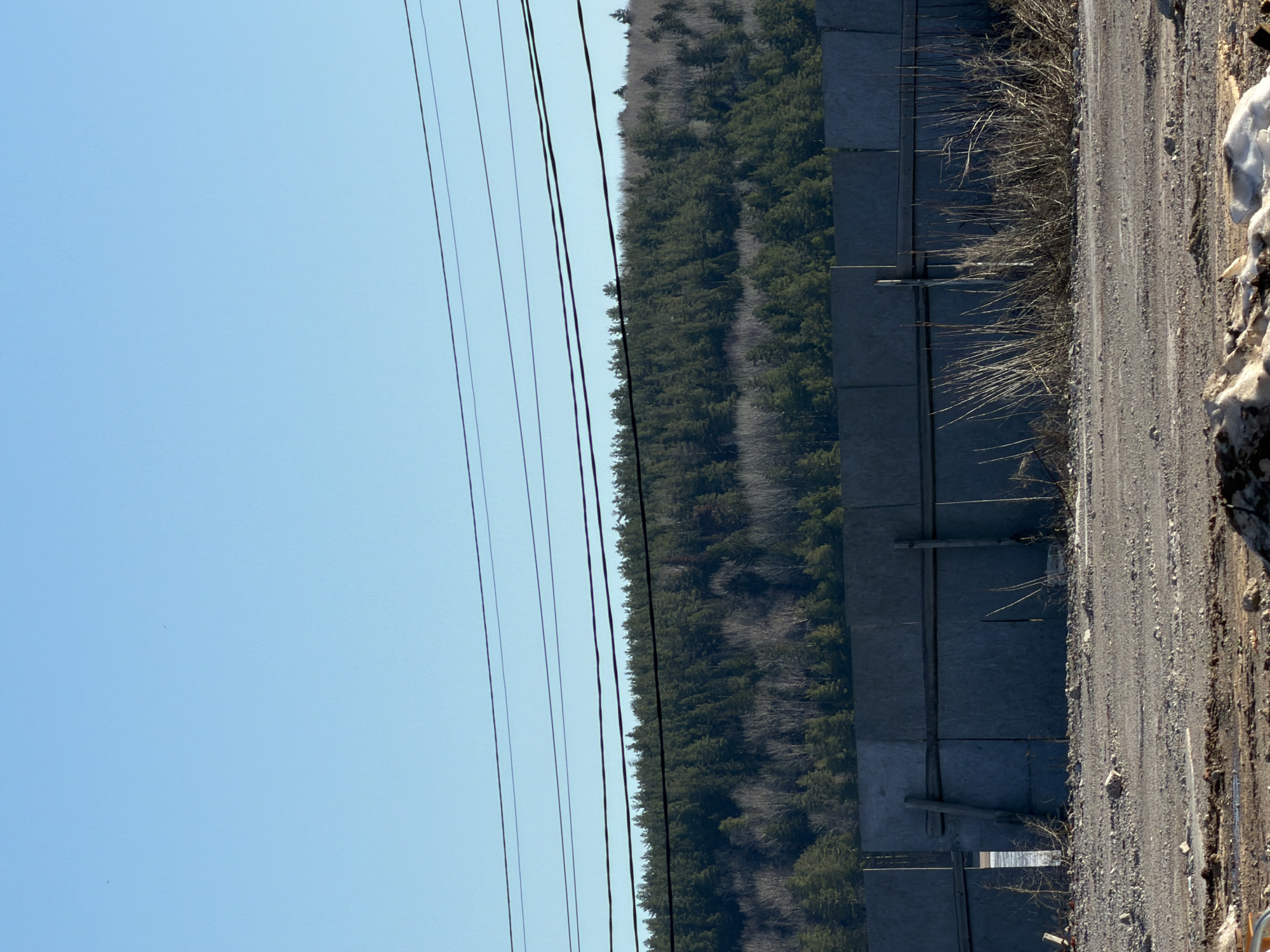 The image shows a vertical view of a rural landscape in Chaikovsky, Russia. Power lines run diagonally across a clear blue sky in the left portion of the image. Next to the power lines is a line of trees. A concrete wall runs parallel to the trees, and beside that is a gravel road. Patches of snow are visible on the right edge of the road.