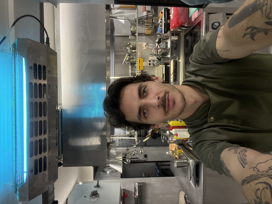 An individual, identified as a male, is depicted in a selfie photograph taken within a commercial kitchen environment in Budva, Montenegro. The male has dark, curly hair, a mustache, and visible tattoos on both forearms. He is wearing a dark olive green, collared chef's jacket with a button closure at the neck. His gaze is directed forward, towards the camera.
The background reveals a professional kitchen equipped with stainless steel surfaces and appliances. Above the subject's head, a large, rectangular, metal insect light trap with a prominent blue UV light is affixed to the ceiling. Below this, a large stainless steel exhaust hood spans across the width of the kitchen.
To the left of the subject, a stainless steel counter features a digital scale, a metal container, and an assortment of condiment bottles, including red (ketchup), yellow (mustard), and white sauces. Various kitchen utensils, such as ladles and spatulas, are suspended from a rack beneath the exhaust hood. A wall-mounted clock is visible in the upper-left quadrant.
To the right of the subject, additional kitchen equipment is present, including multiple stainless steel pots and pans. A yellow sign bearing the text "DON'T PANIC" is affixed to the wall above a section of the countertop. A multi-burner electric or induction cooktop is visible in the lower-right background. The overall scene indicates a functional and operational kitchen setting.
