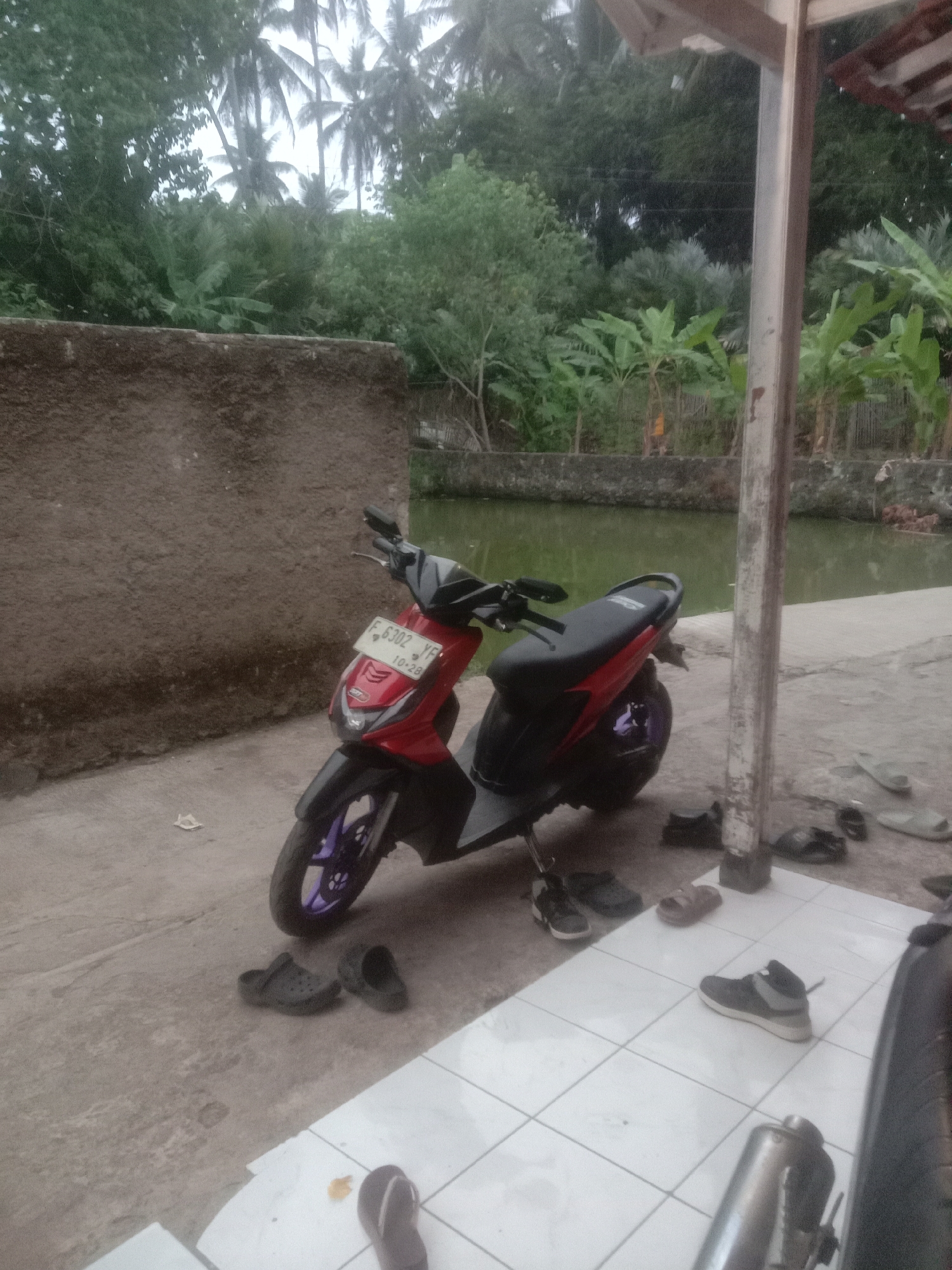The image depicts a red and black scooter parked on a concrete ground. The scooter is positioned in front of a textured brown wall and to the left of a pond with green water. Several pairs of footwear, including sandals and shoes, are scattered on the ground around the scooter and on a tiled area. In the background, lush vegetation, including palm trees and banana plants, creates a tropical atmosphere. The scene appears to be outdoors, possibly in a residential area or a rural setting within Cianjur, Indonesia. The lighting suggests it is daytime, and the overall mood is tranquil.