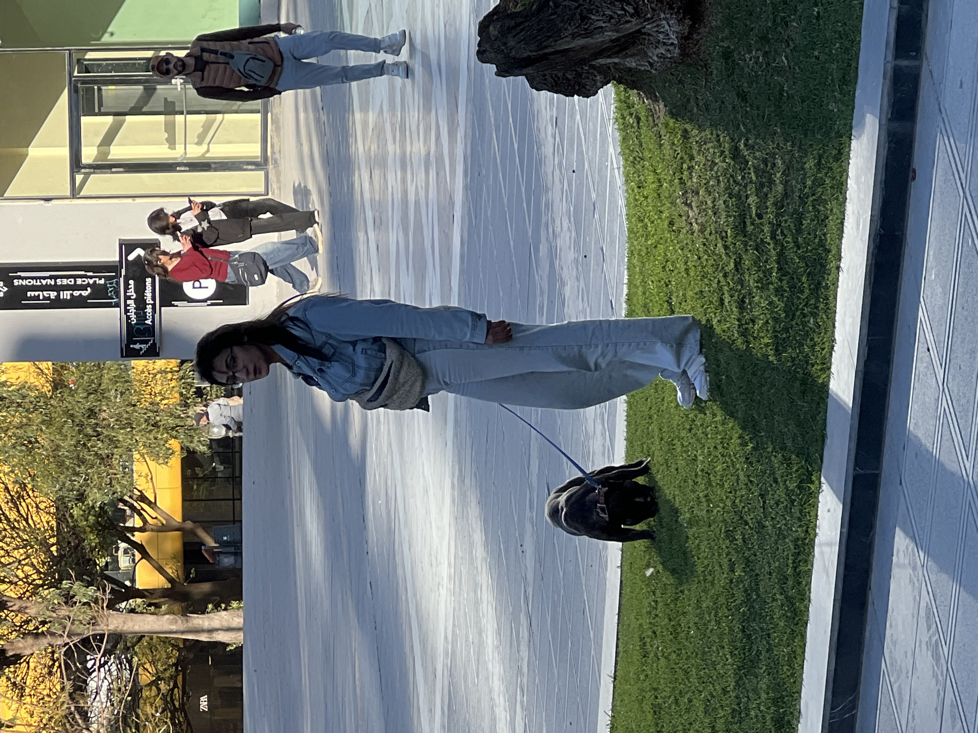 A medium shot captures a woman walking a black dog on a leash along a paved walkway bordering a grassy area with a tree stump. She wears a denim jacket, light-colored pants, and sneakers. The location appears to be a public space in the city of Tanger طنجة, Morocco. In the background, other pedestrians can be seen walking. Signage in Arabic and French indicates a "Place des Nations" or "Nations Plaza." Buildings with modern architecture and trees are also visible.