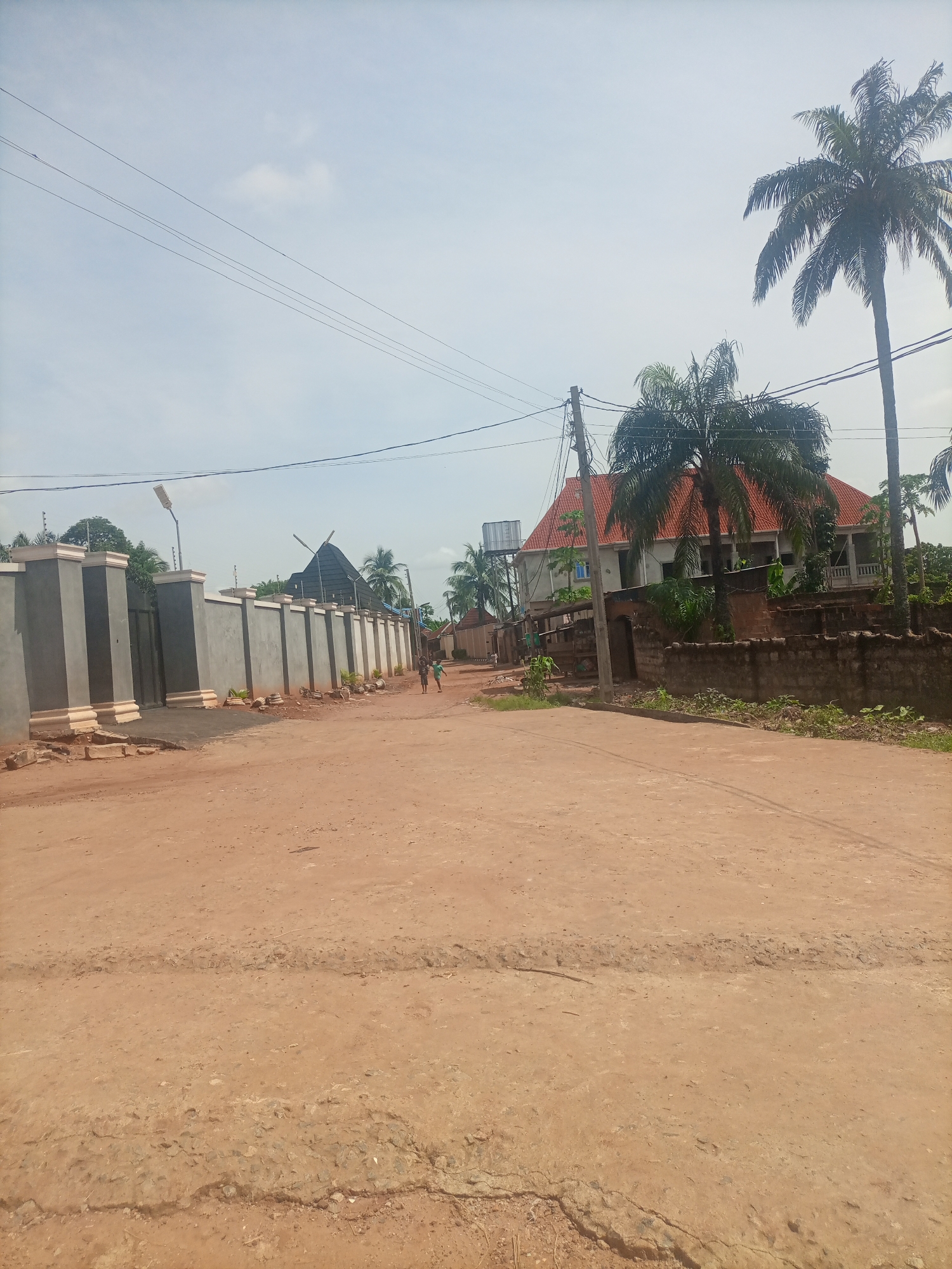 The image depicts a dusty, unpaved street in Nkpor, Nigeria. On the left, a tall, grey concrete fence with ornate pillars lines the property. A black metal gate is visible within the fence. Further down the street, the fence continues, interspersed with palm trees. On the right side of the street, a large house with a red tiled roof is visible, surrounded by vegetation and another stone wall. Power lines are strung across the sky, supported by wooden poles. Two figures, possibly children, are walking on the street in the middle distance, heading away from the viewer. The ground is a reddish-brown earth, with tire tracks and some scattered debris. The sky is clear with a few wispy clouds.