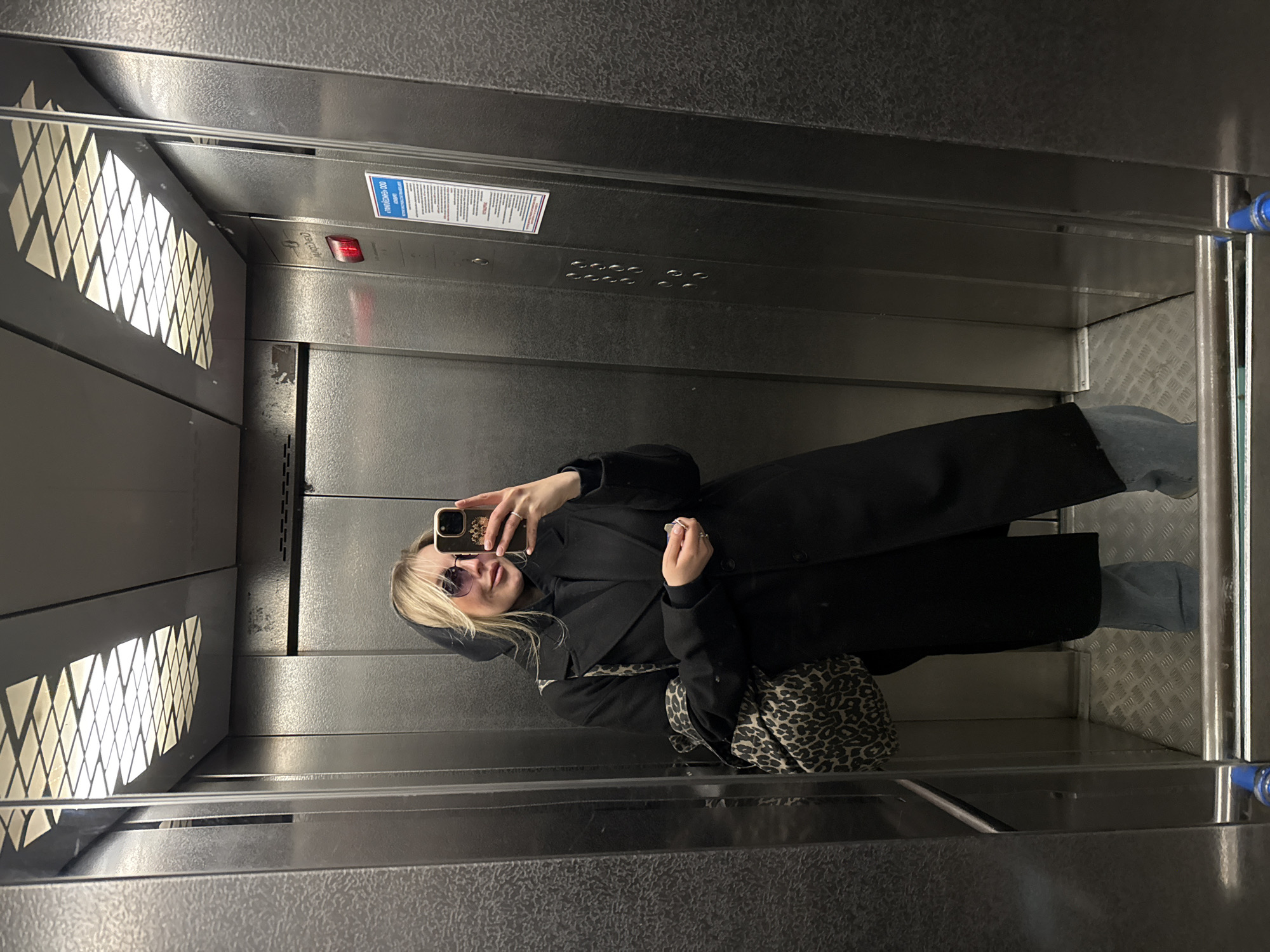 The image shows a young woman taking a mirror selfie inside an elevator. She is positioned centrally in the metallic elevator car, holding a smartphone to capture her reflection. The woman has blonde hair, wears a dark, possibly black, long coat, and sunglasses. She is also carrying a leopard-print shoulder bag. Her expression suggests a subtle smile.
The elevator interior is constructed with brushed metal panels in silver and gray tones. A grid-patterned light fixture is visible on the ceiling, illuminating the space. On the right wall, a control panel features multiple circular buttons and a prominent, illuminated red indicator light.
Above the control panel, a blue rectangular sign is affixed. The visible Cyrillic text on the sign includes "НАЖМИТЕ КНОПКУ" (Press the button) and "ООО ПРОМ-ТЕХНО 000" (OOO Prom-Tekhno 000), which is a company name. Further details on the sign, likely safety instructions or operational information, are present but not fully legible due to resolution and angle.
The elevator floor features a textured, anti-slip surface. The setting is an indoor, utilitarian space. The time of day is not discernible from the internal lighting. The Cyrillic text on the sign is consistent with the provided location context of Krasnoyarsk, Russia.