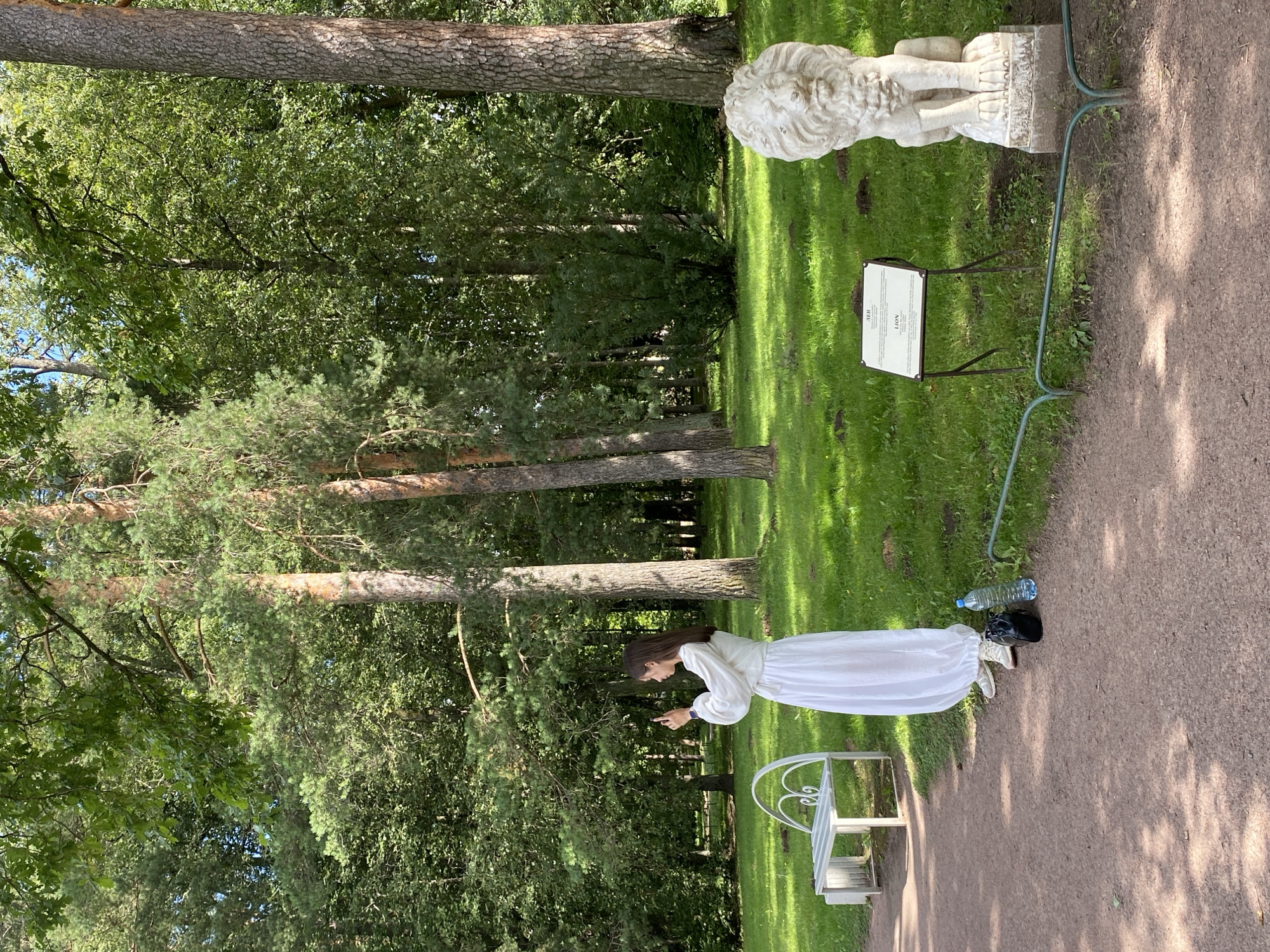 A woman wearing a long white dress stands on a dirt path in a park in Pavlovsk, Russia, holding a smartphone to take a photo or video. To her left, a white park bench is visible. To her right, a stone sculpture of a lion's head and upper body stands on a pedestal, accompanied by a sign with text that includes the word "LION". The park features a grassy area with scattered molehills and numerous tall trees, including pines and other deciduous trees, under a bright sky. A dark bag and a plastic water bottle are on the ground near the woman.